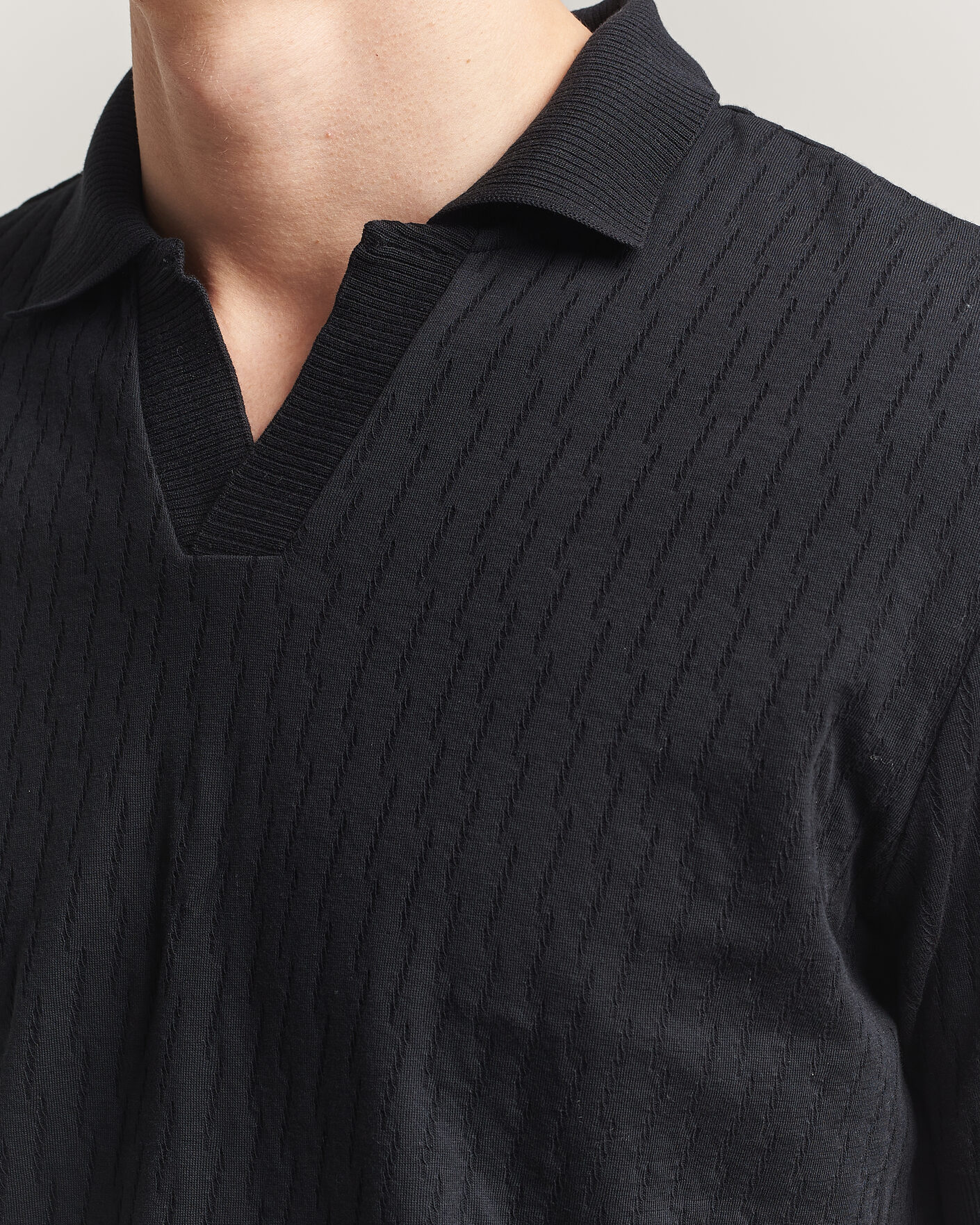 Herr | Pikéer | Eton | Open Collar Jacquard Polo Black