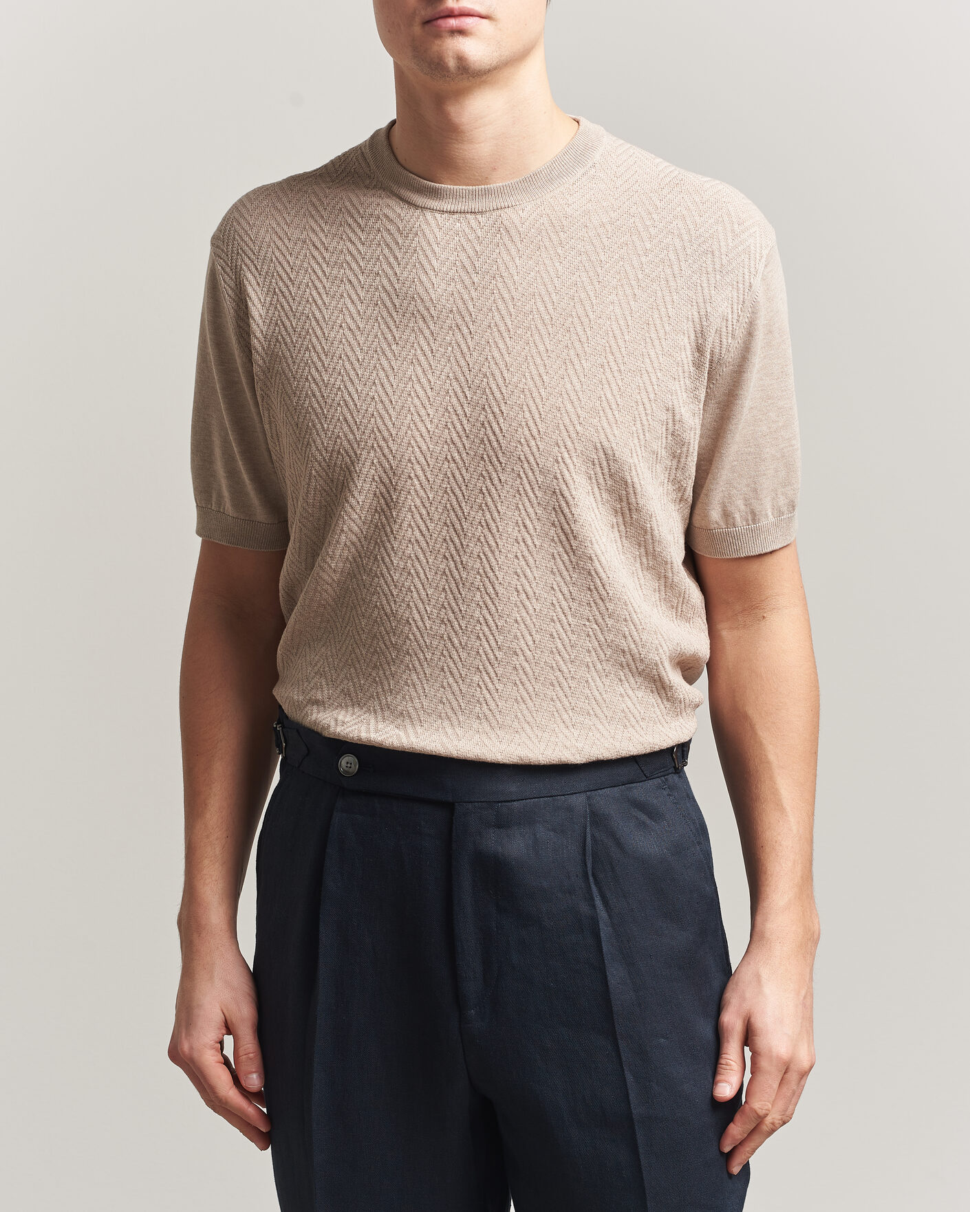 Herr | T-Shirts | Eton | Cotton Knitted Crew Neck T-Shirt Beige
