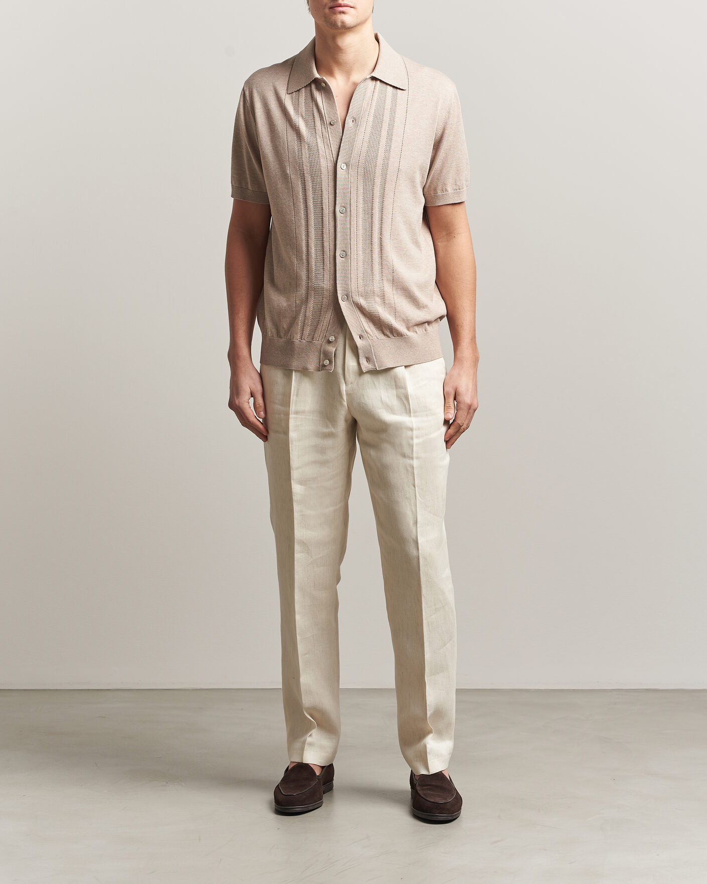 Herr | Skjortor | Eton | Cotton Structured Knitted Short Sleeve Shirt Beige