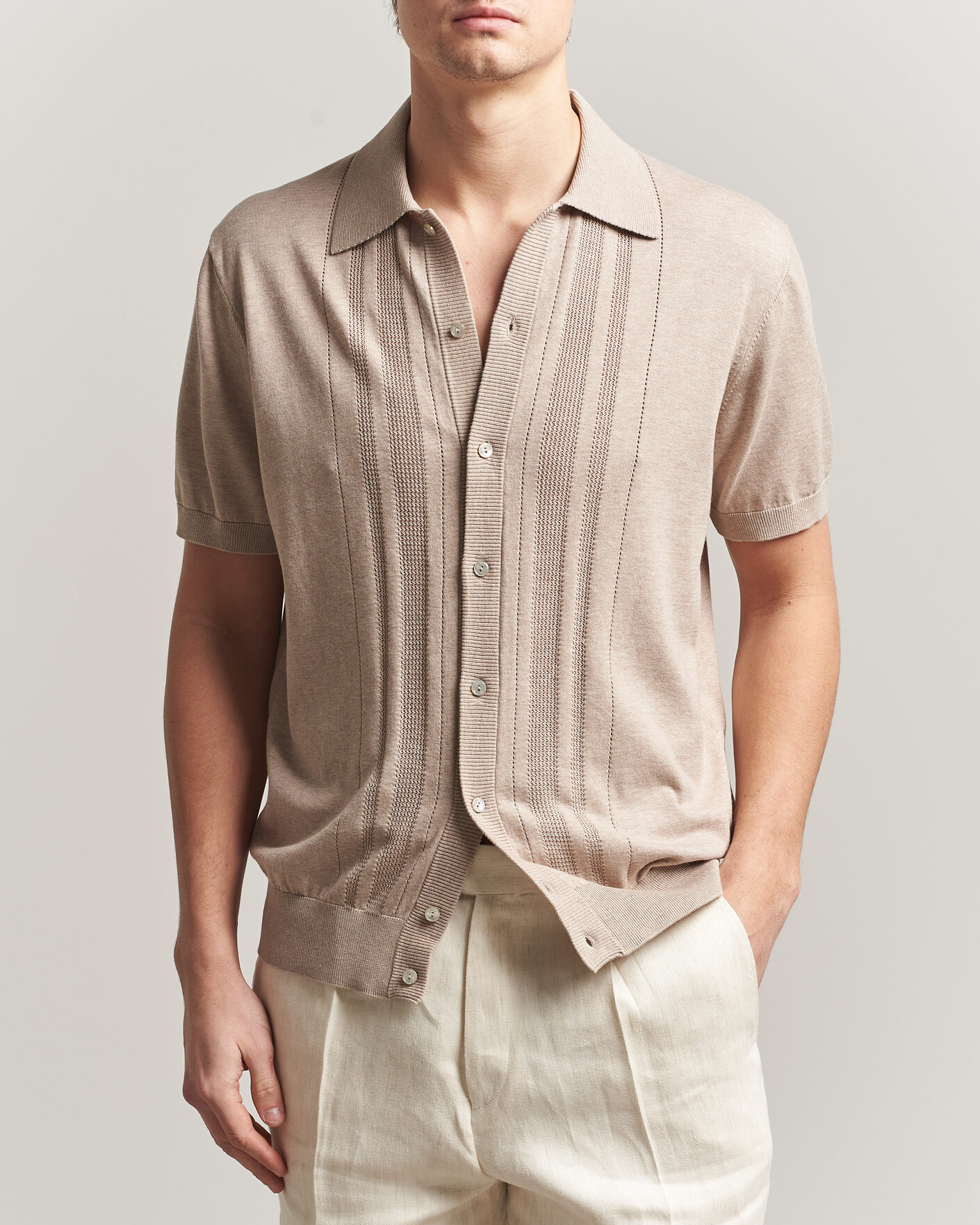 Herr | Skjortor | Eton | Cotton Structured Knitted Short Sleeve Shirt Beige