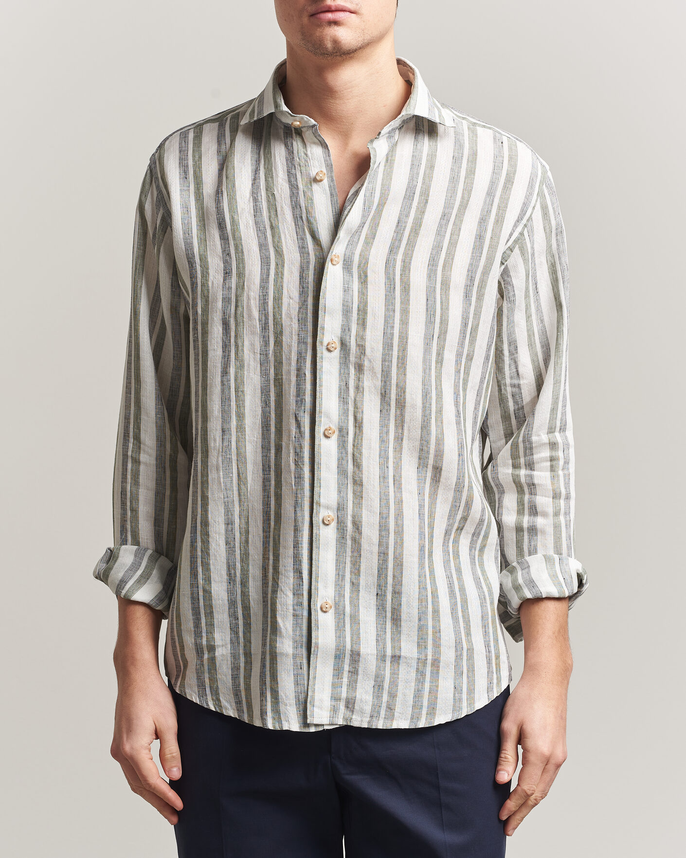 Herr | Skjortor | Eton | Casual Fit Striped Linen Shirt Dark Green