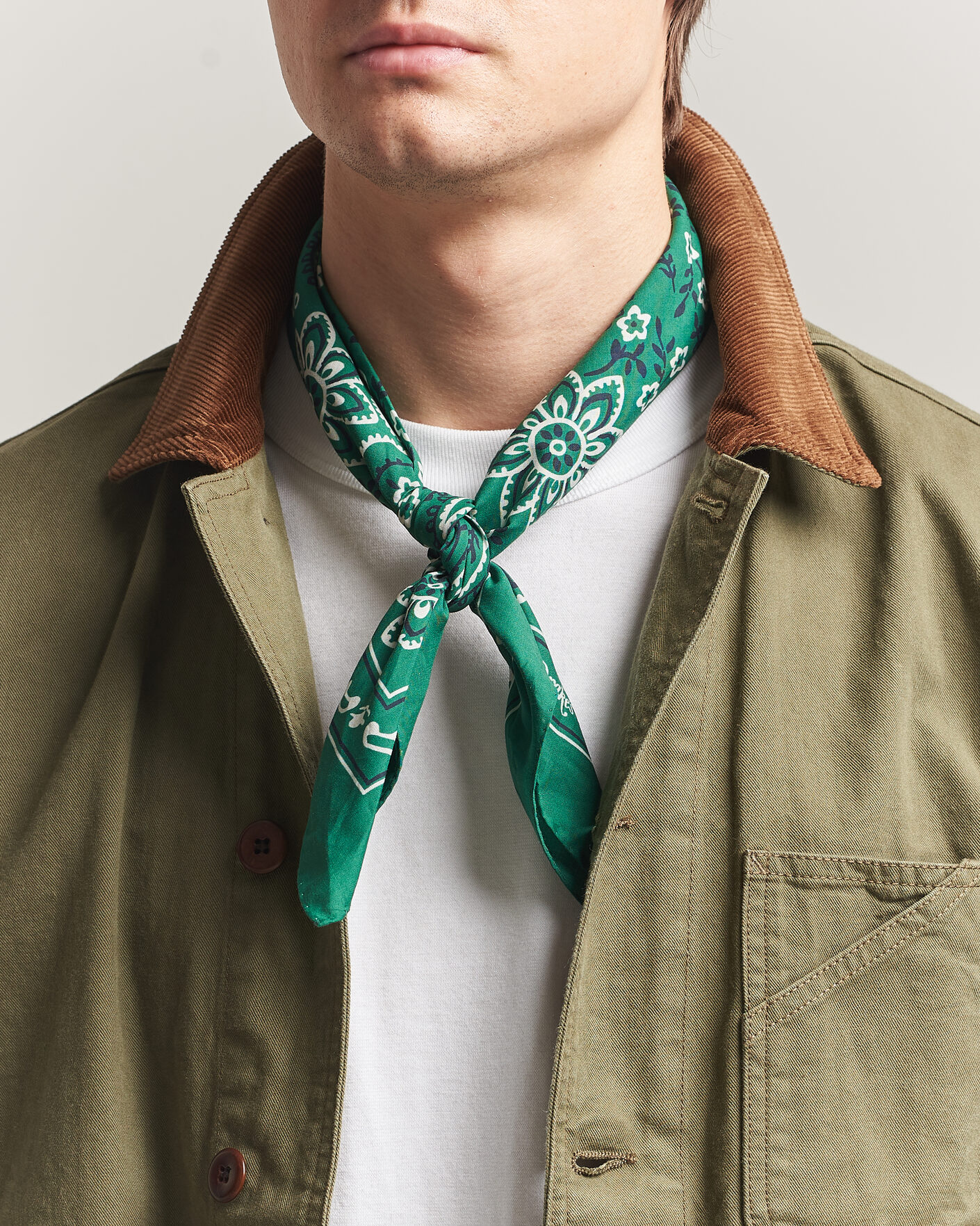 Herr | Scarves | Drake's | Classic Paisley Bandana Green