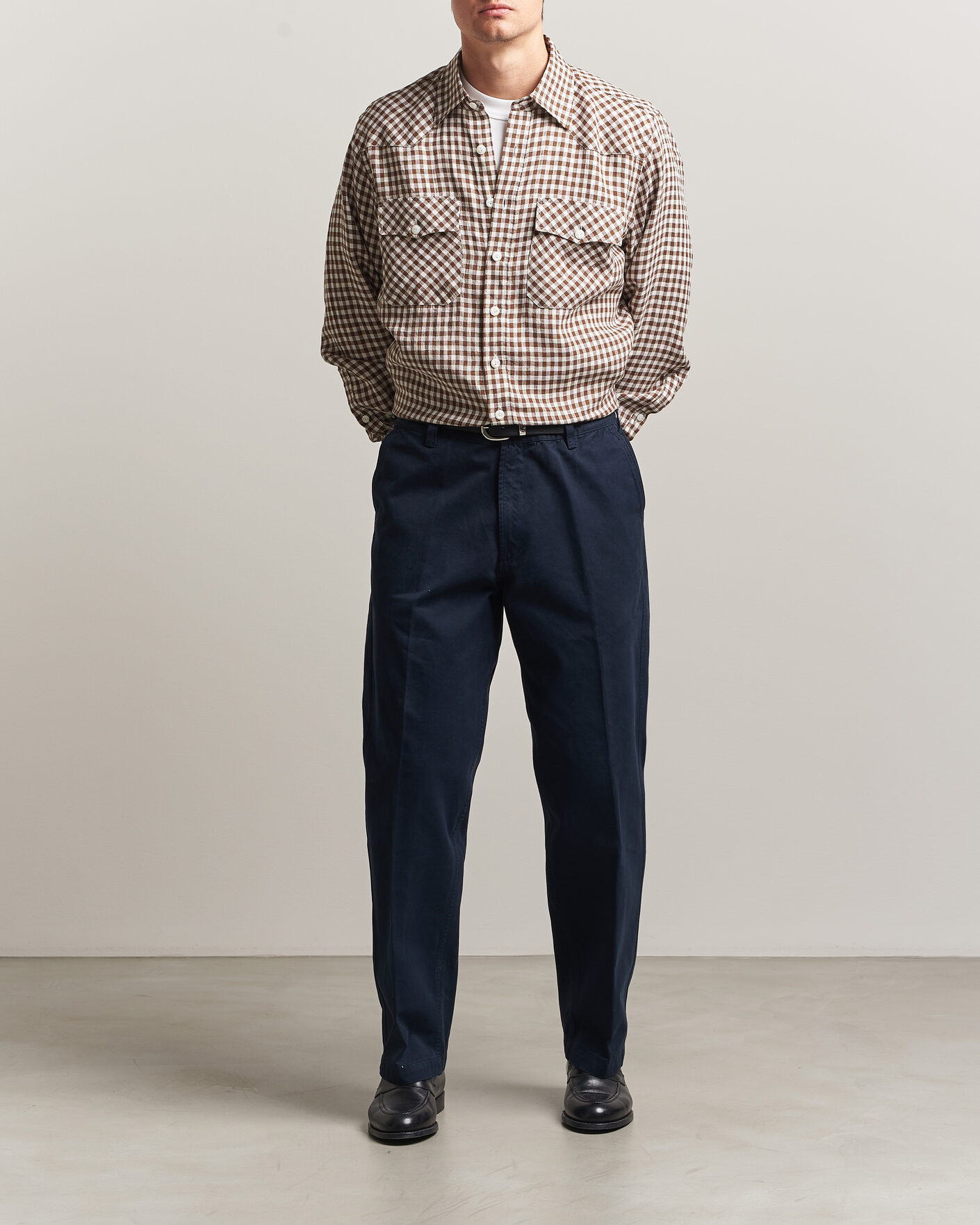 Herr | Byxor | Drake's | Peached Flat Front Cotton Chino Navy