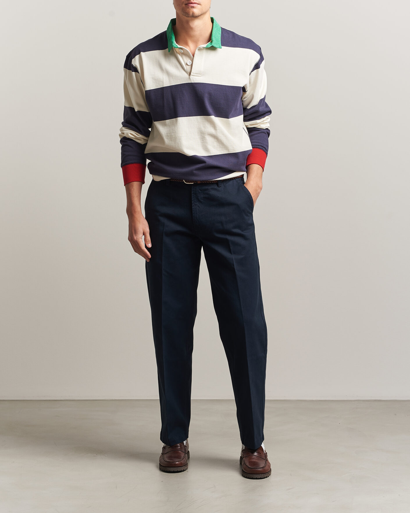 Herr | Byxor | Drake's | Peached Flat Front Cotton Chino Navy