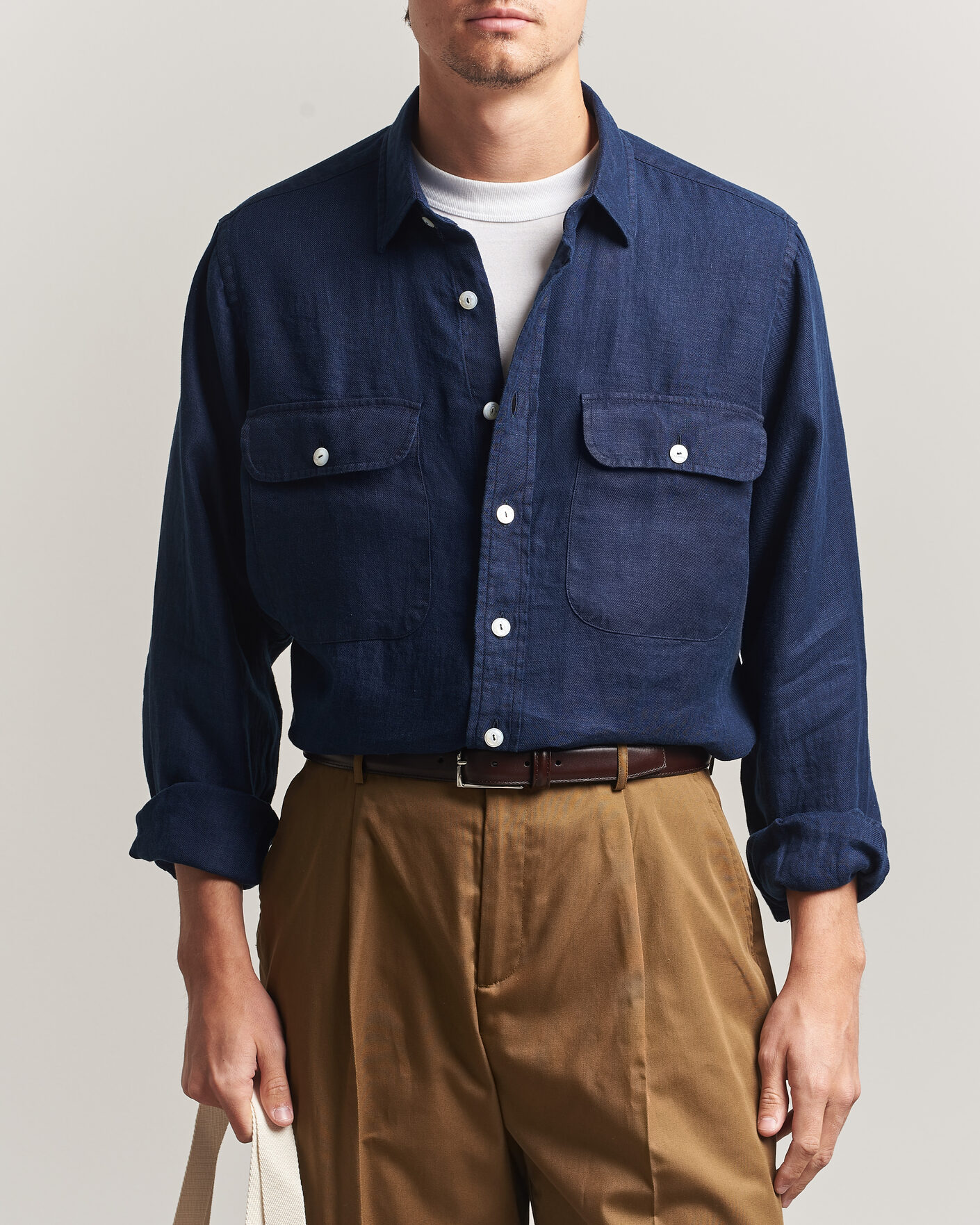 Herr | Skjortor | Drake's | Linen Twill Deep Pocket Work Shirt Navy
