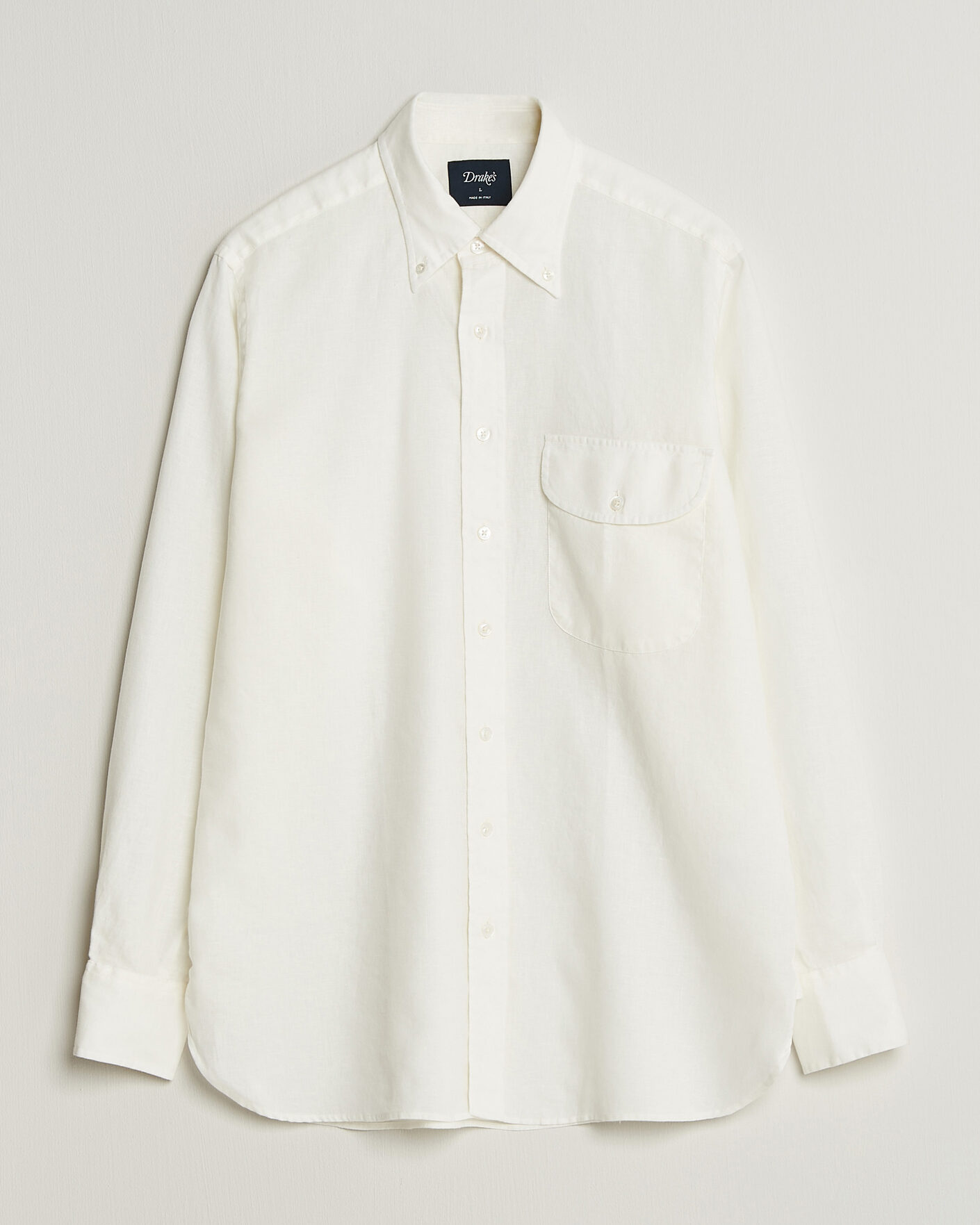 Herr | Skjortor | Drake's | Linen Button Down Curved Pocket Shirt White