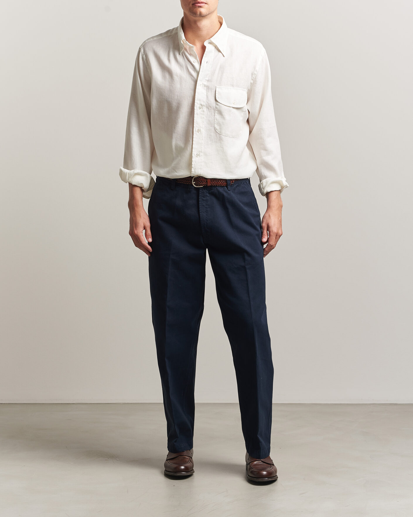 Herr | Skjortor | Drake's | Linen Button Down Curved Pocket Shirt White