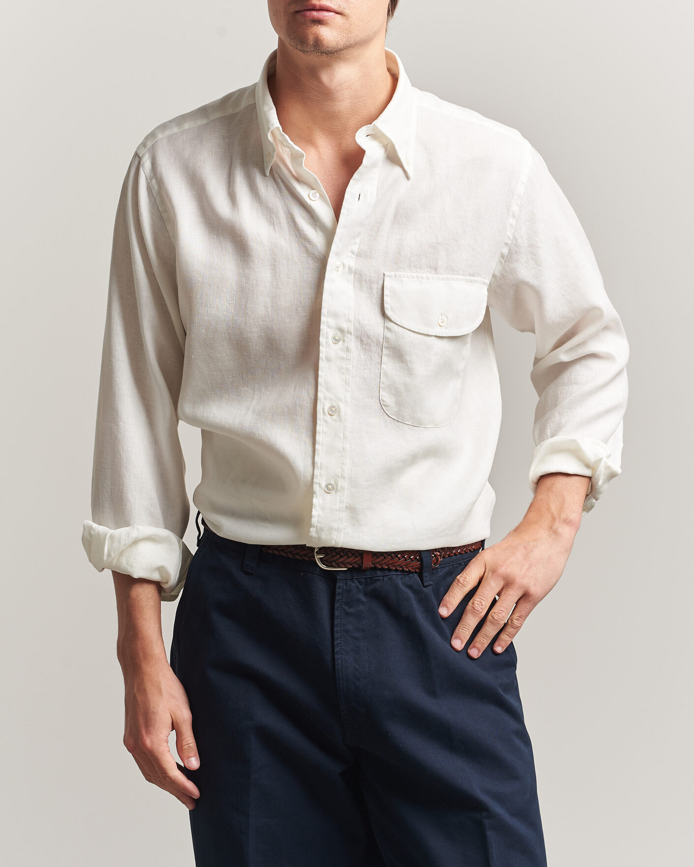 Herr | Skjortor | Drake's | Linen Button Down Curved Pocket Shirt White