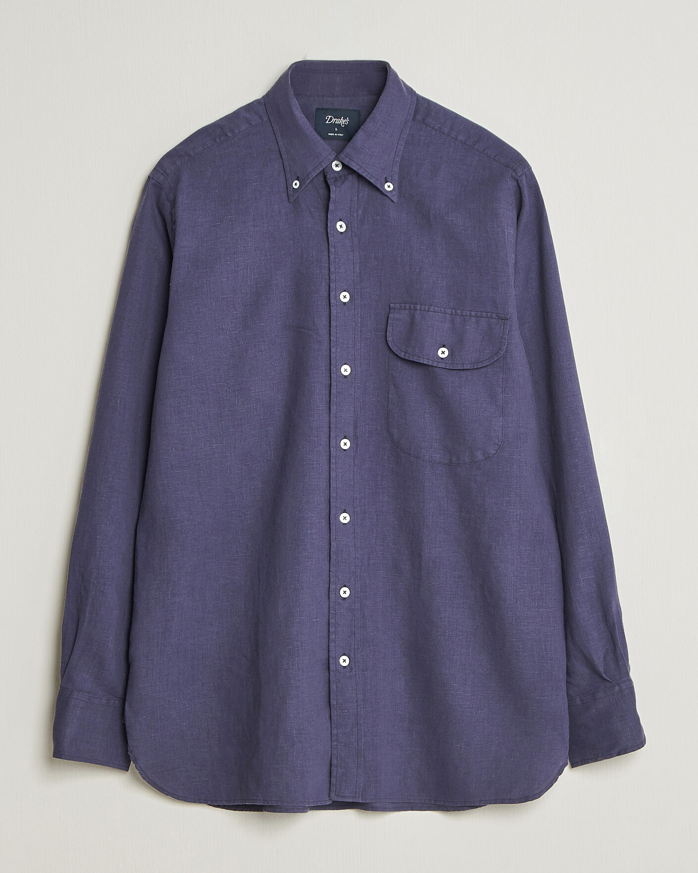 Herr | Skjortor | Drake's | Linen Button Down Curved Pocket Shirt Navy