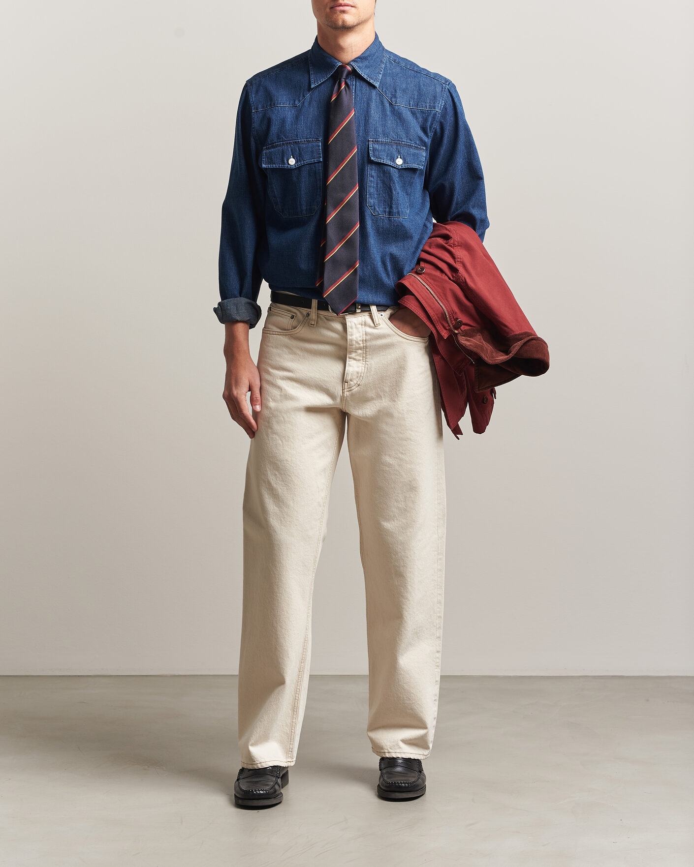 Herr | Skjortor | Drake's | Light Denim Western Shirt Stone Wash