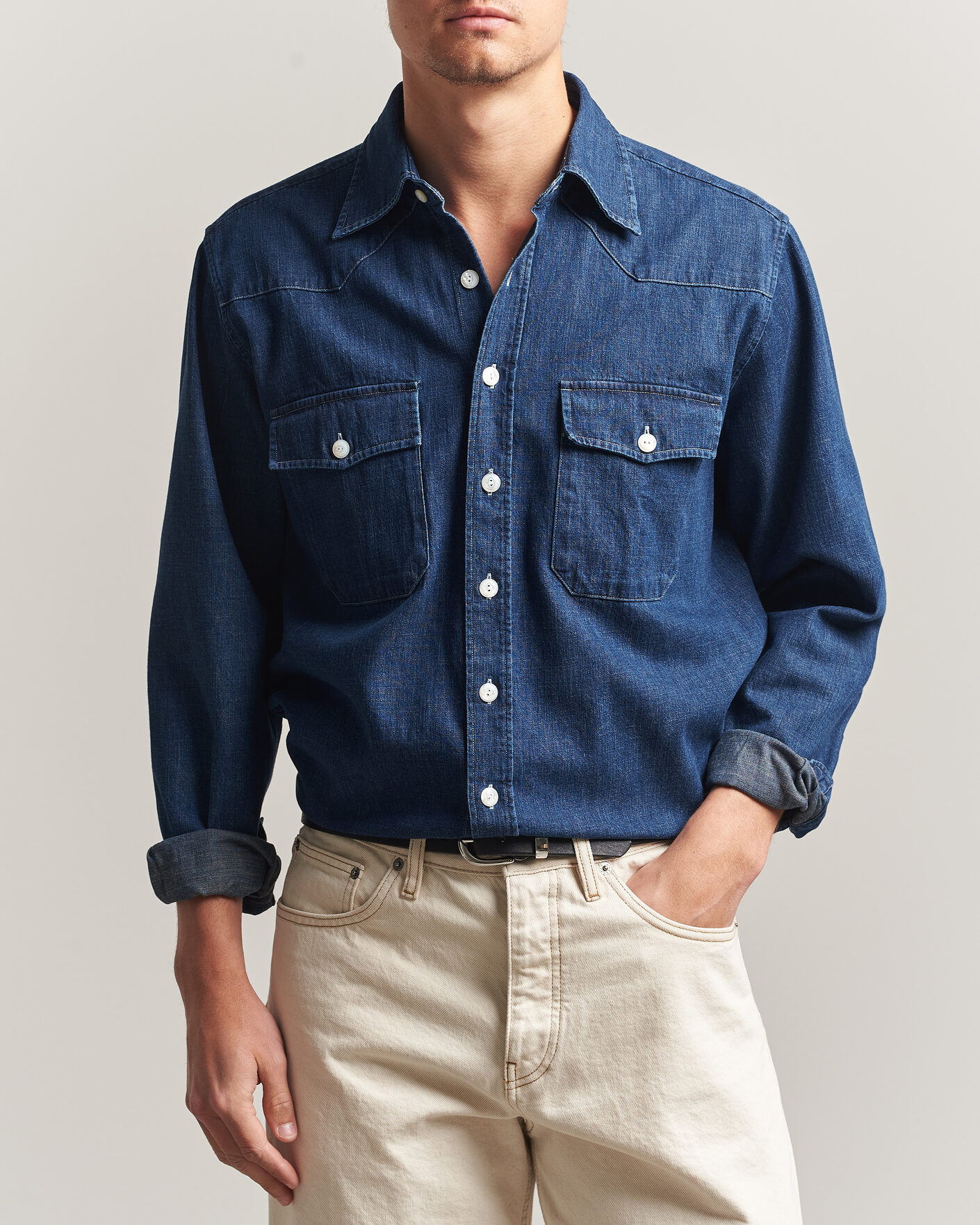 Herr | Skjortor | Drake's | Light Denim Western Shirt Stone Wash