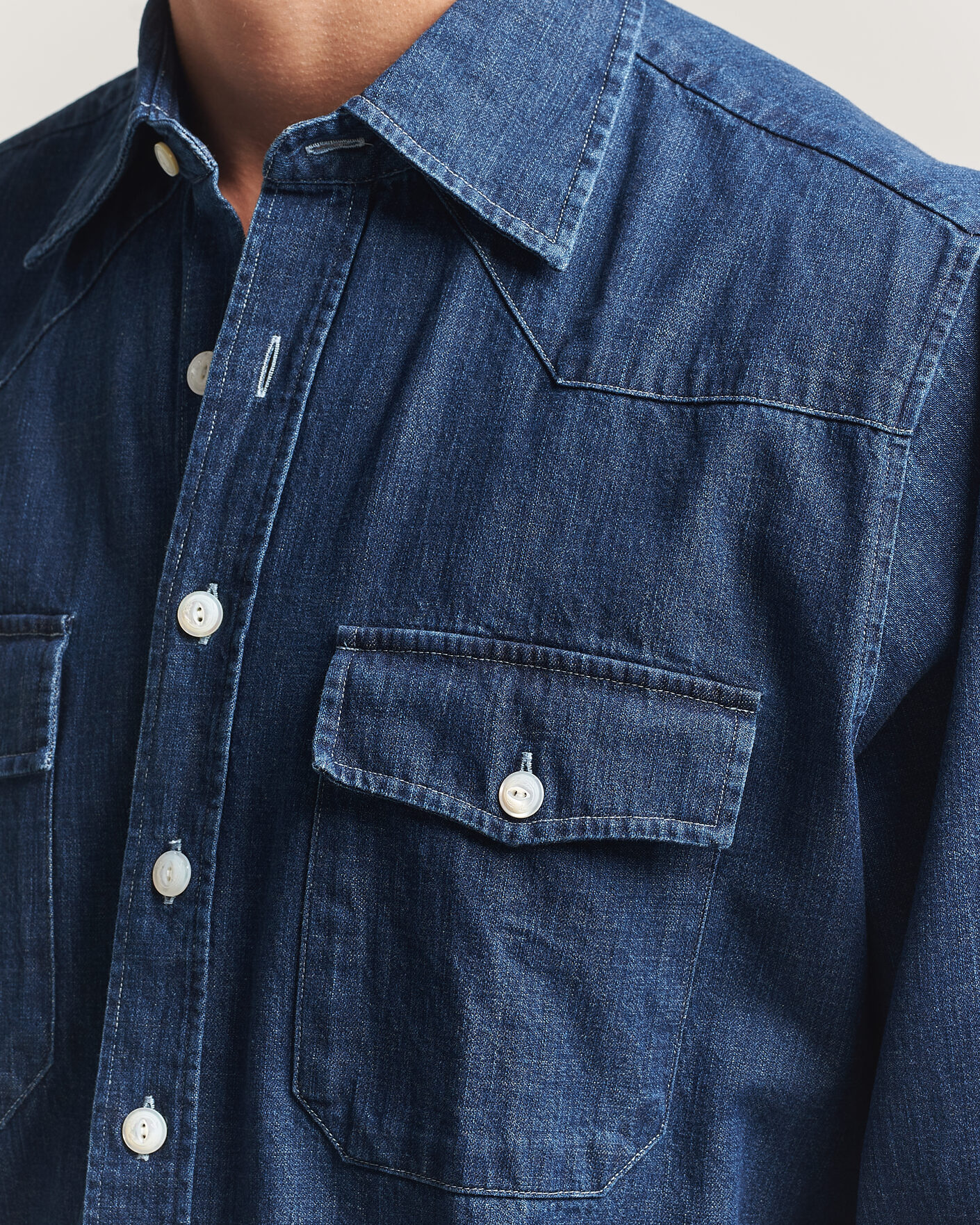 Herr | Skjortor | Drake's | Light Denim Western Shirt Stone Wash