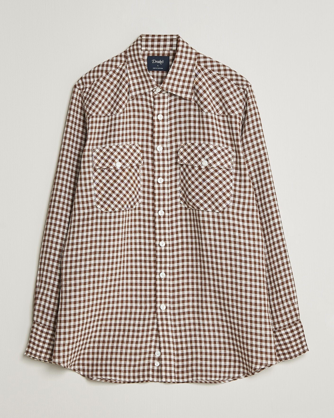Herr | Skjortor | Drake's | Linen Gingham Western Shirt Brown/White