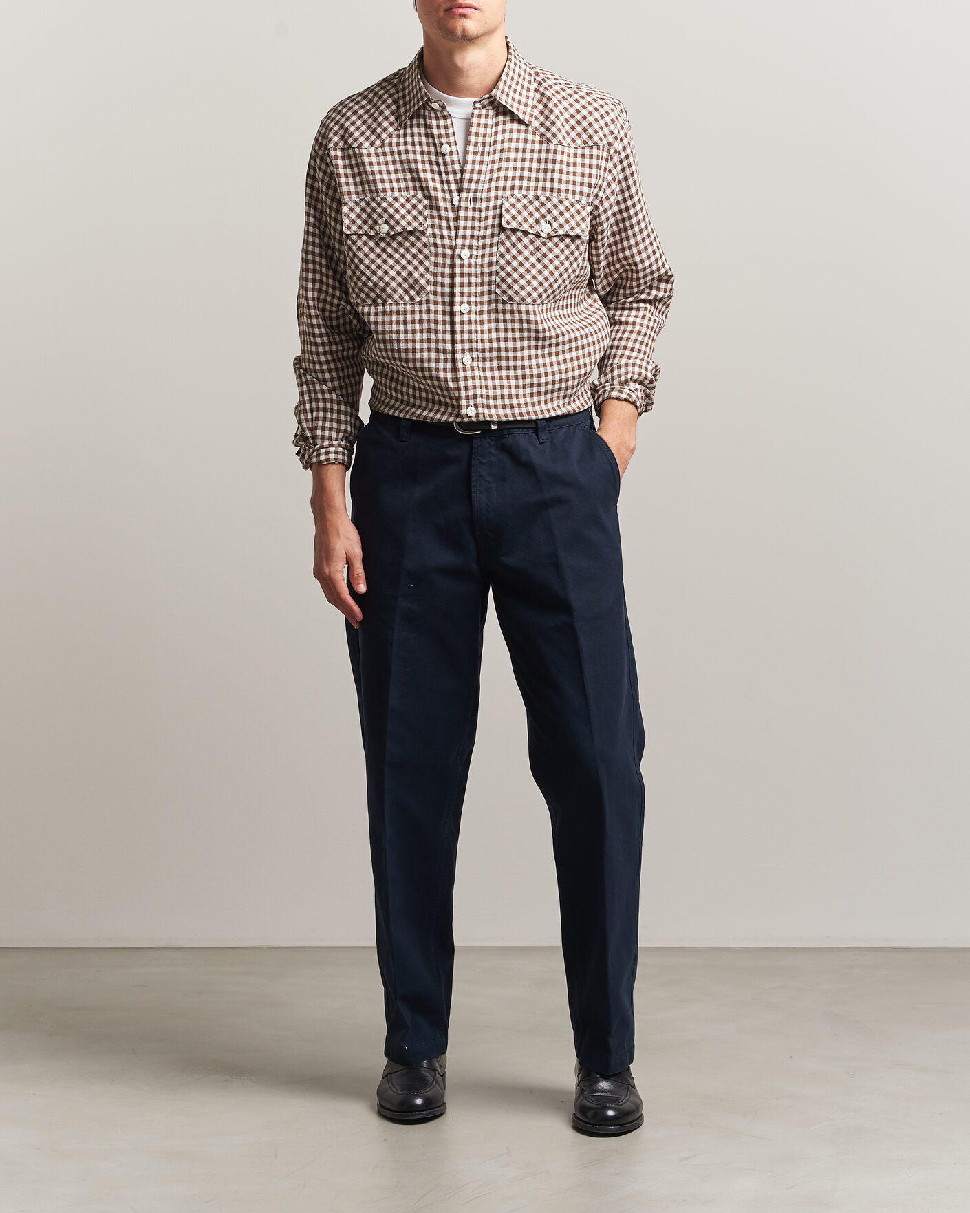 Herr | Skjortor | Drake's | Linen Gingham Western Shirt Brown/White