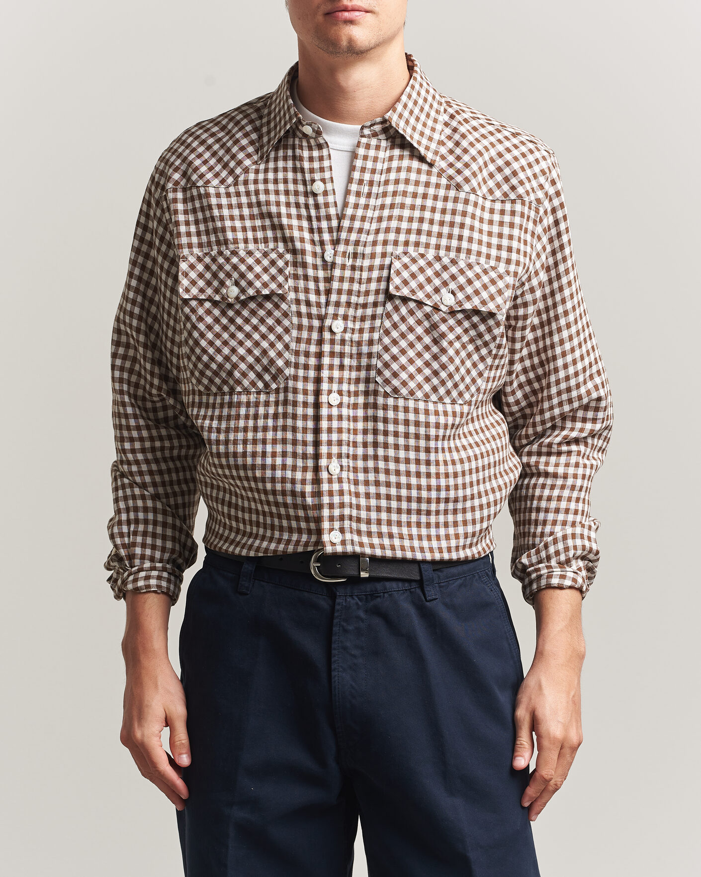 Herr | Skjortor | Drake's | Linen Gingham Western Shirt Brown/White