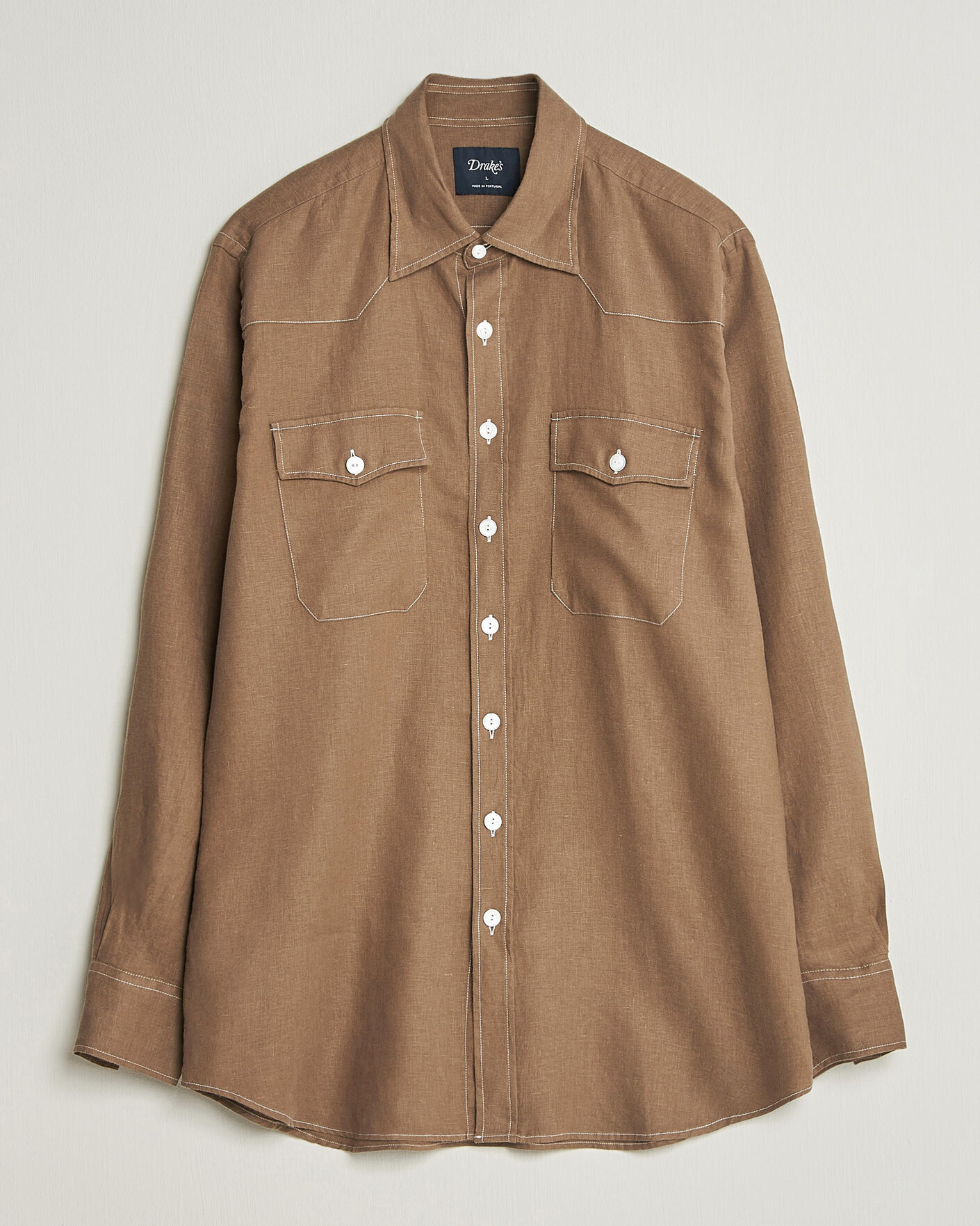 Herr | Skjortor | Drake's | Solid Linen Western Shirt Brown