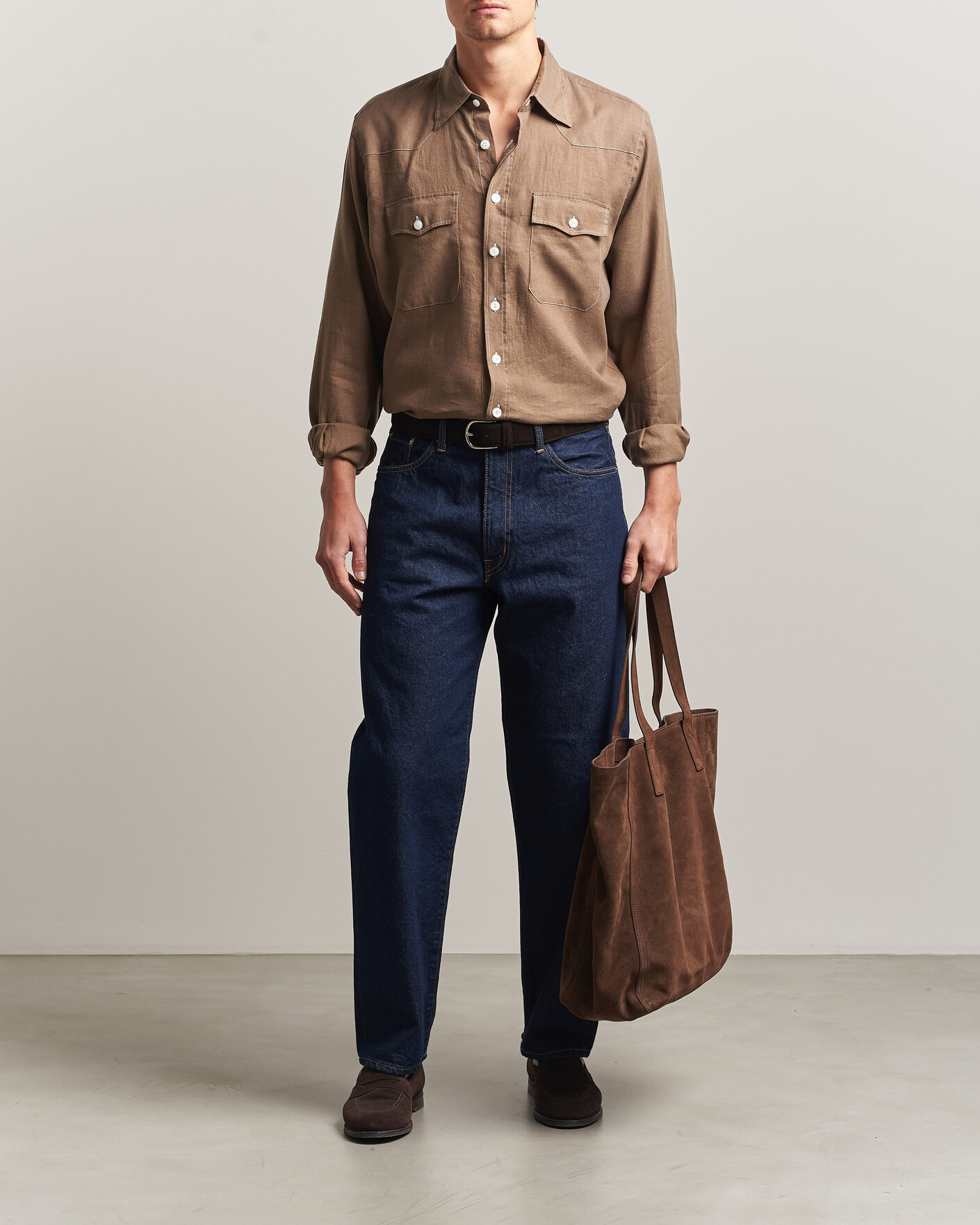 Herr | Skjortor | Drake's | Solid Linen Western Shirt Brown