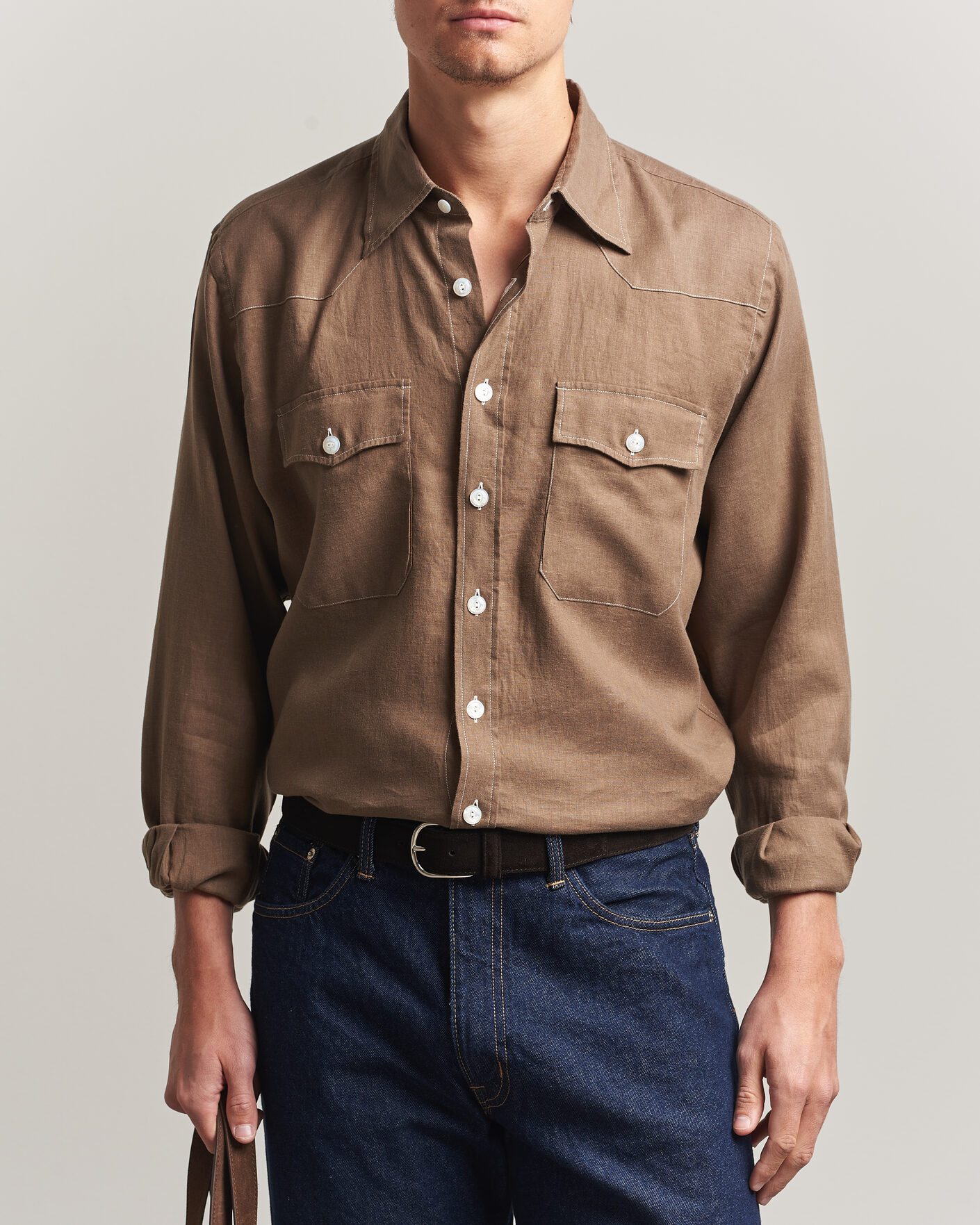 Herr | Skjortor | Drake's | Solid Linen Western Shirt Brown