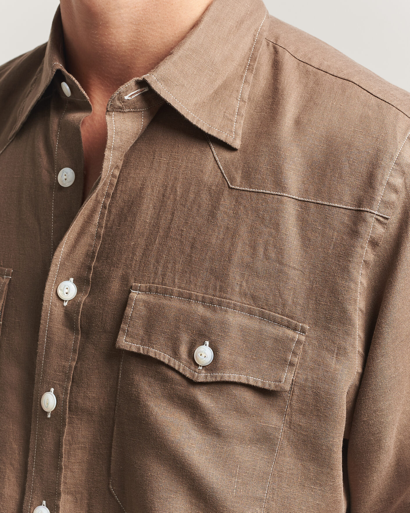 Herr | Skjortor | Drake's | Solid Linen Western Shirt Brown
