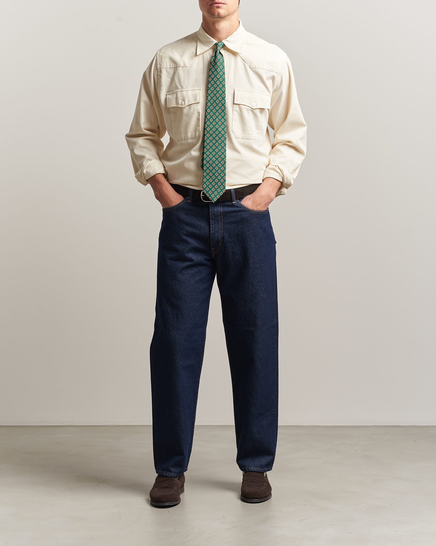 Herr | Skjortor | Drake's | Needlecord Western Shirt White