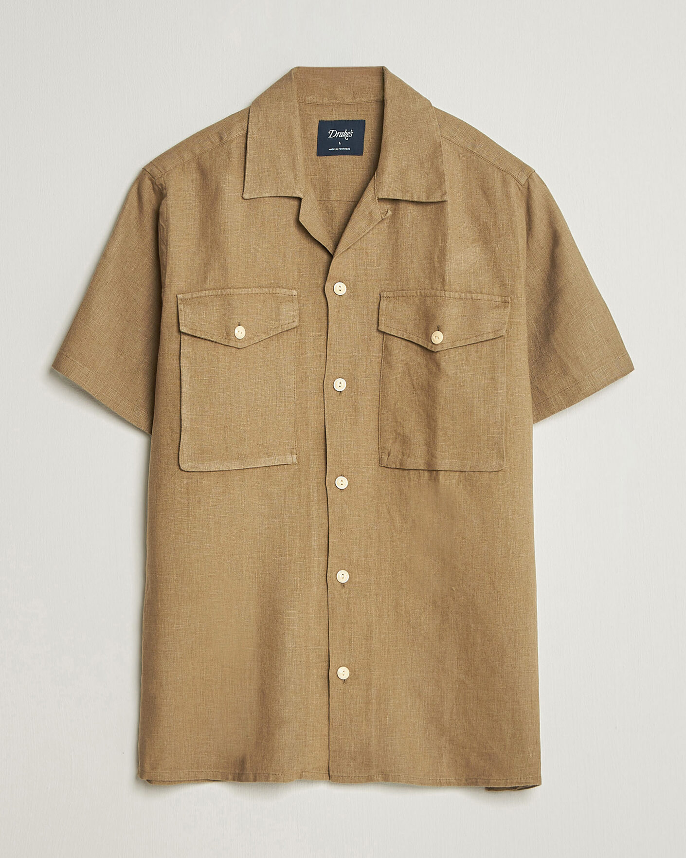 Herr | Skjortor | Drake's | Military Short Sleeve Camp Collar Shirt Khaki