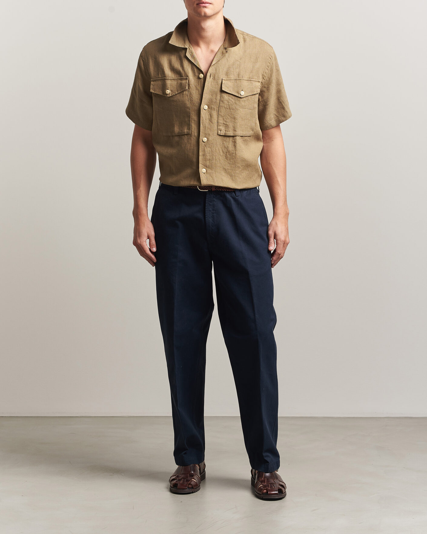 Herr | Skjortor | Drake's | Military Short Sleeve Camp Collar Shirt Khaki