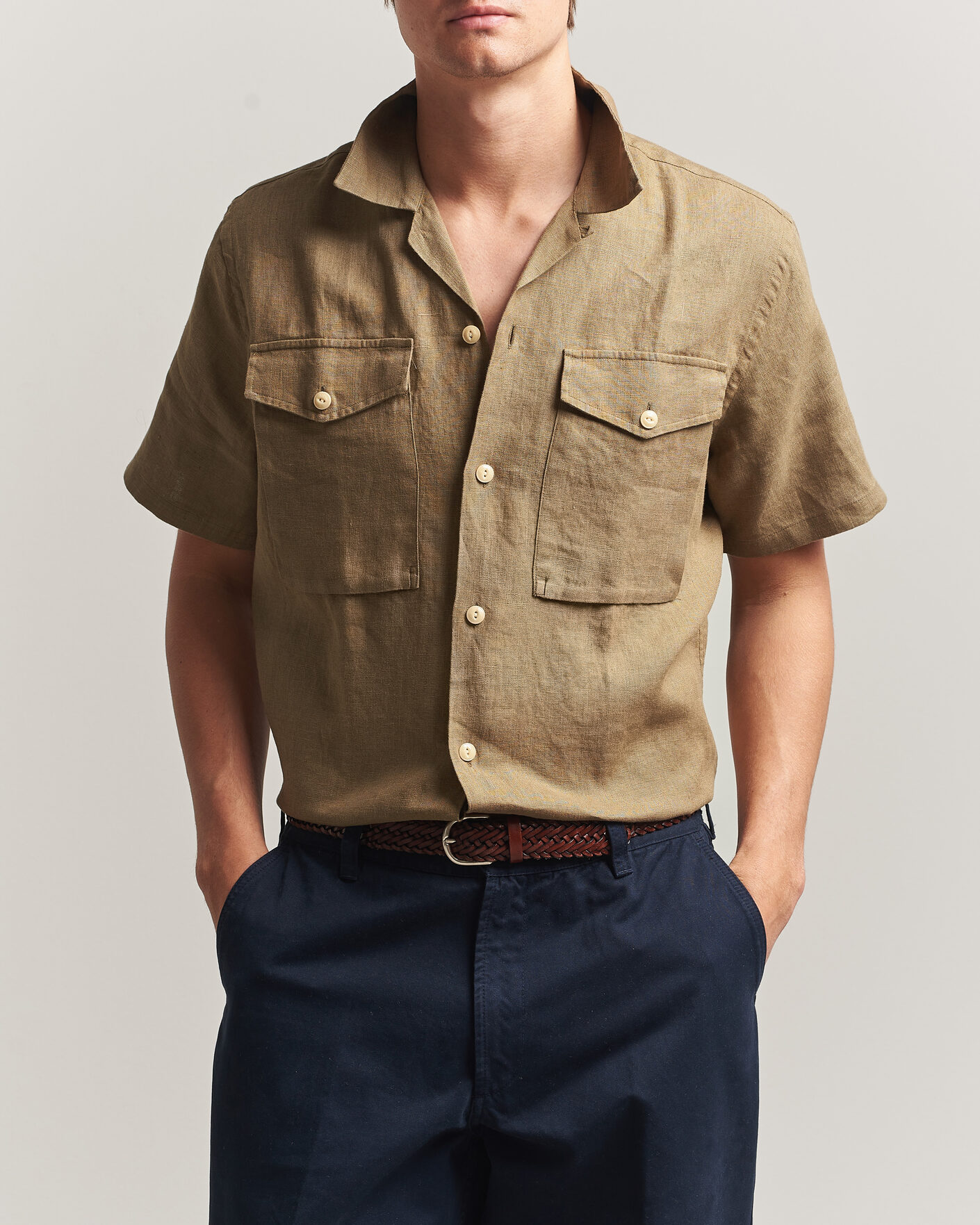 Herr | Skjortor | Drake's | Military Short Sleeve Camp Collar Shirt Khaki