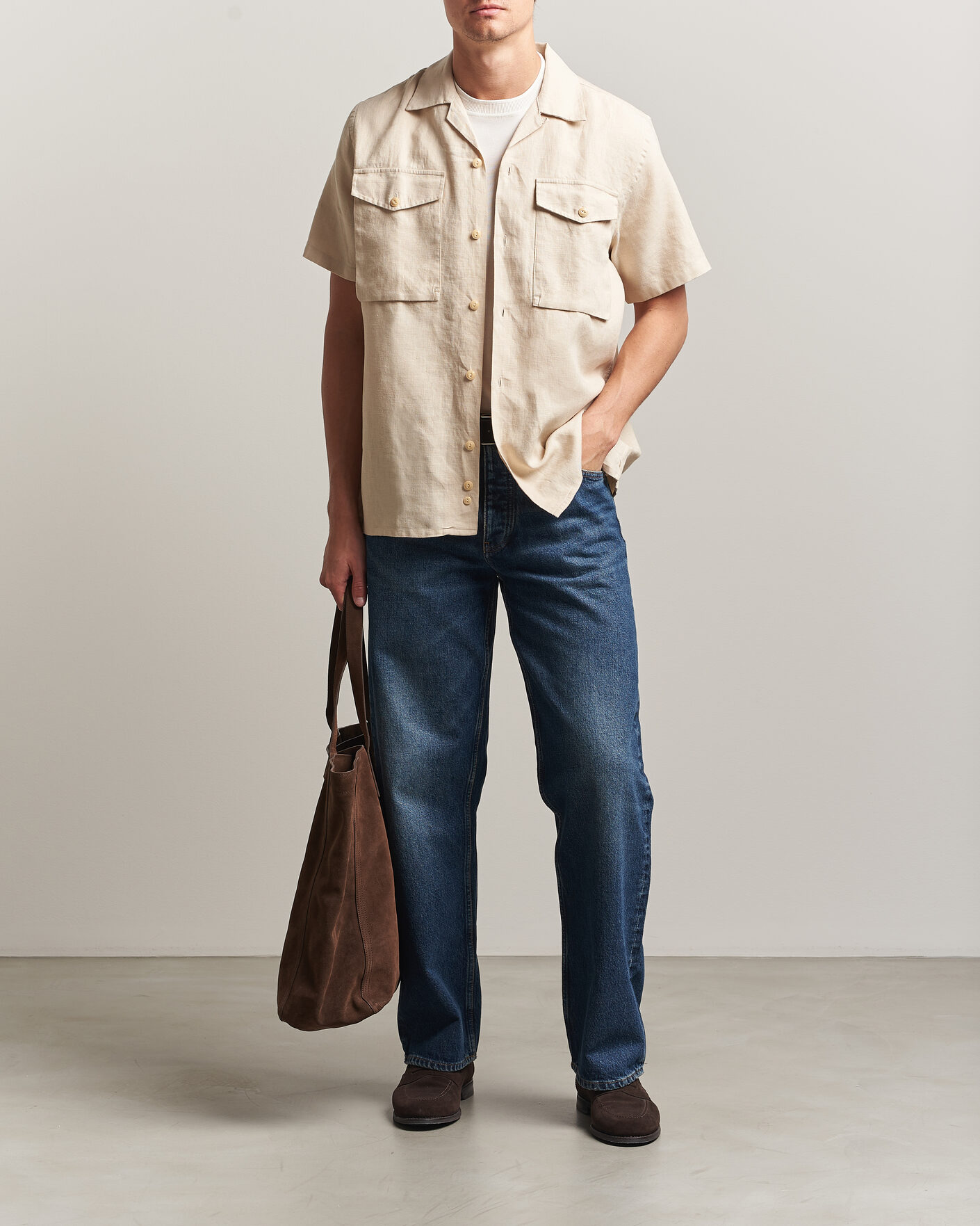 Herr | Skjortor | Drake's | Military Short Sleeve Camp Collar Shirt Ecru