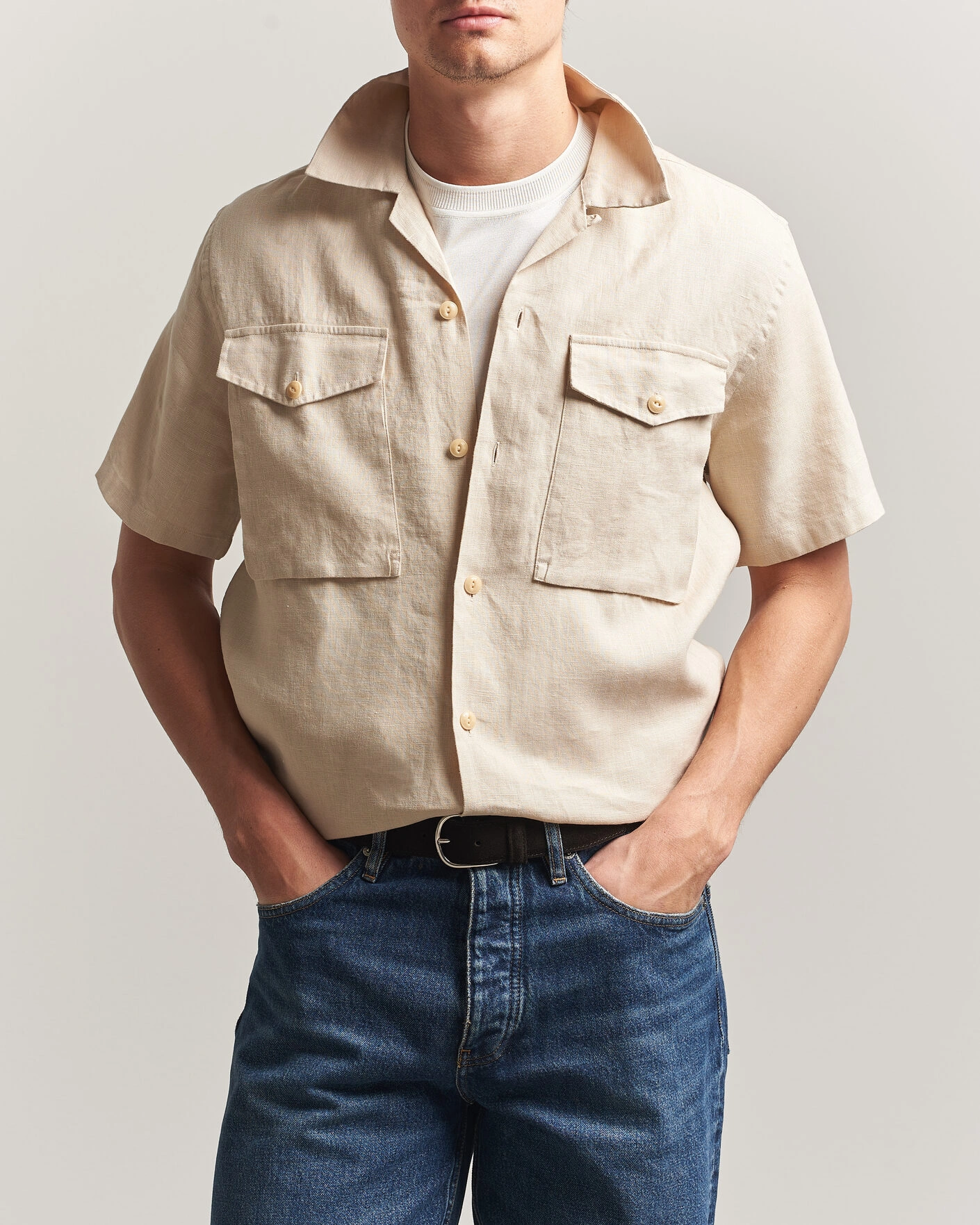 Herr | Skjortor | Drake's | Military Short Sleeve Camp Collar Shirt Ecru