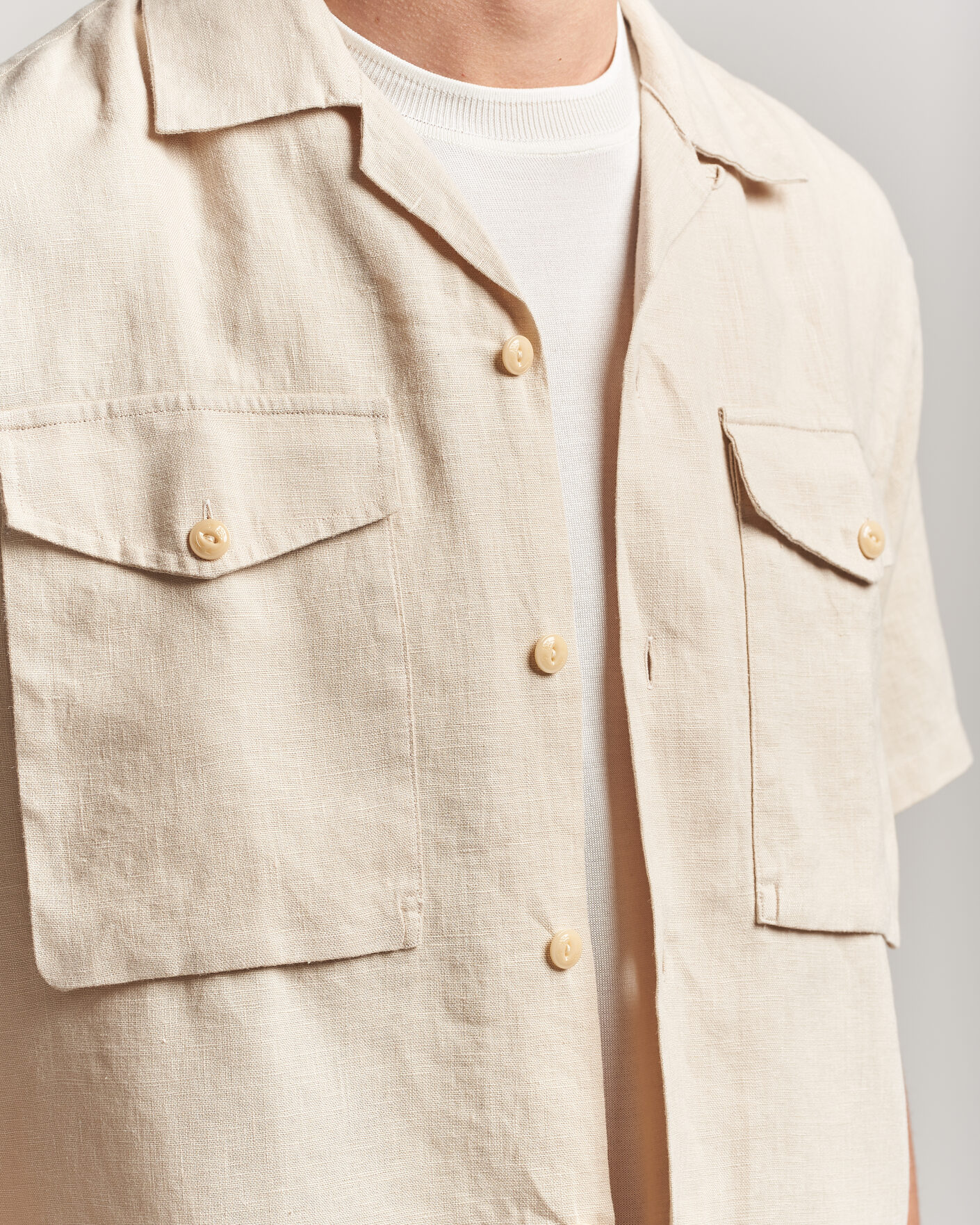 Herr | Skjortor | Drake's | Military Short Sleeve Camp Collar Shirt Ecru