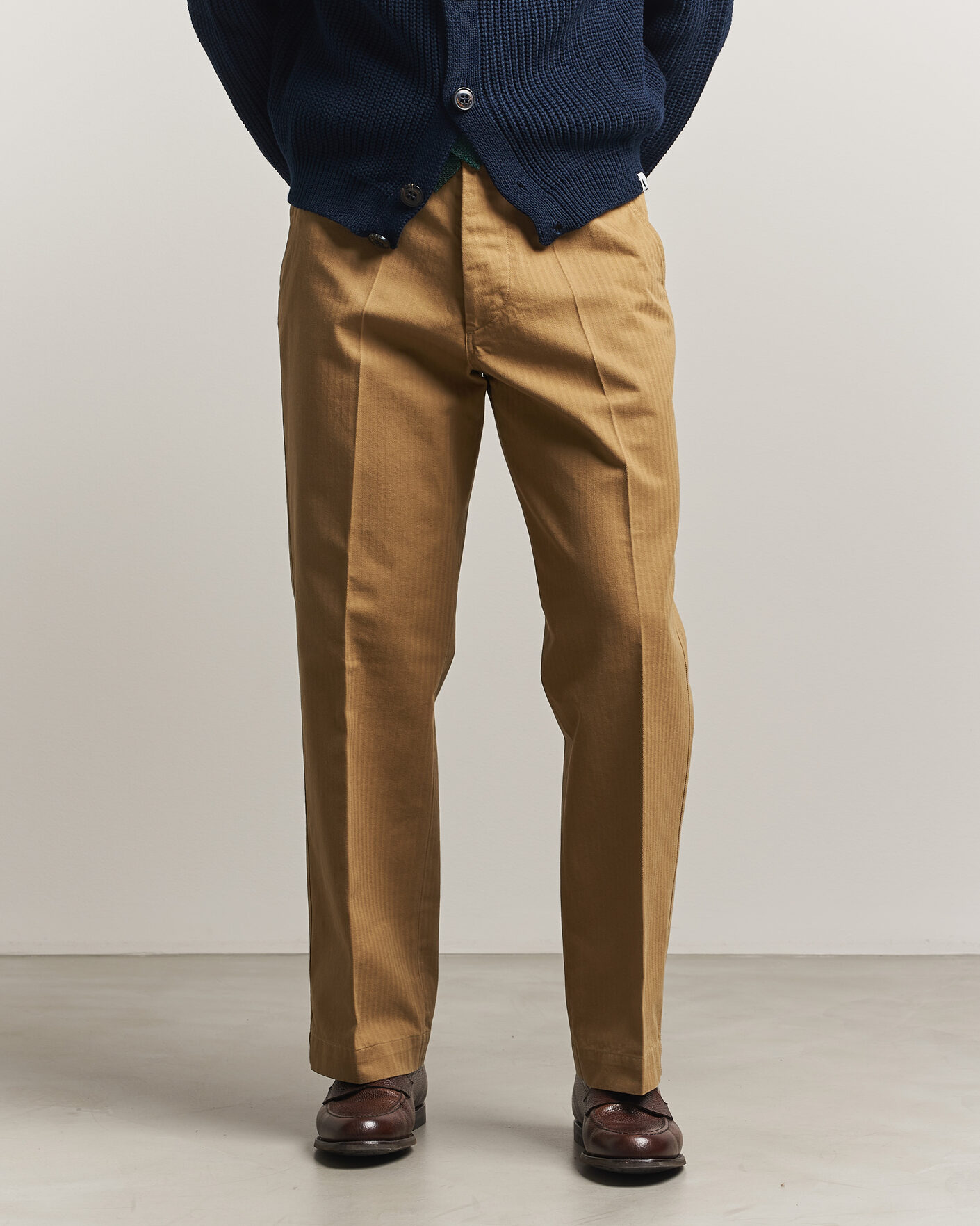 Herr | Byxor | Drake's | Herringbone Wide Leg Chino Khaki
