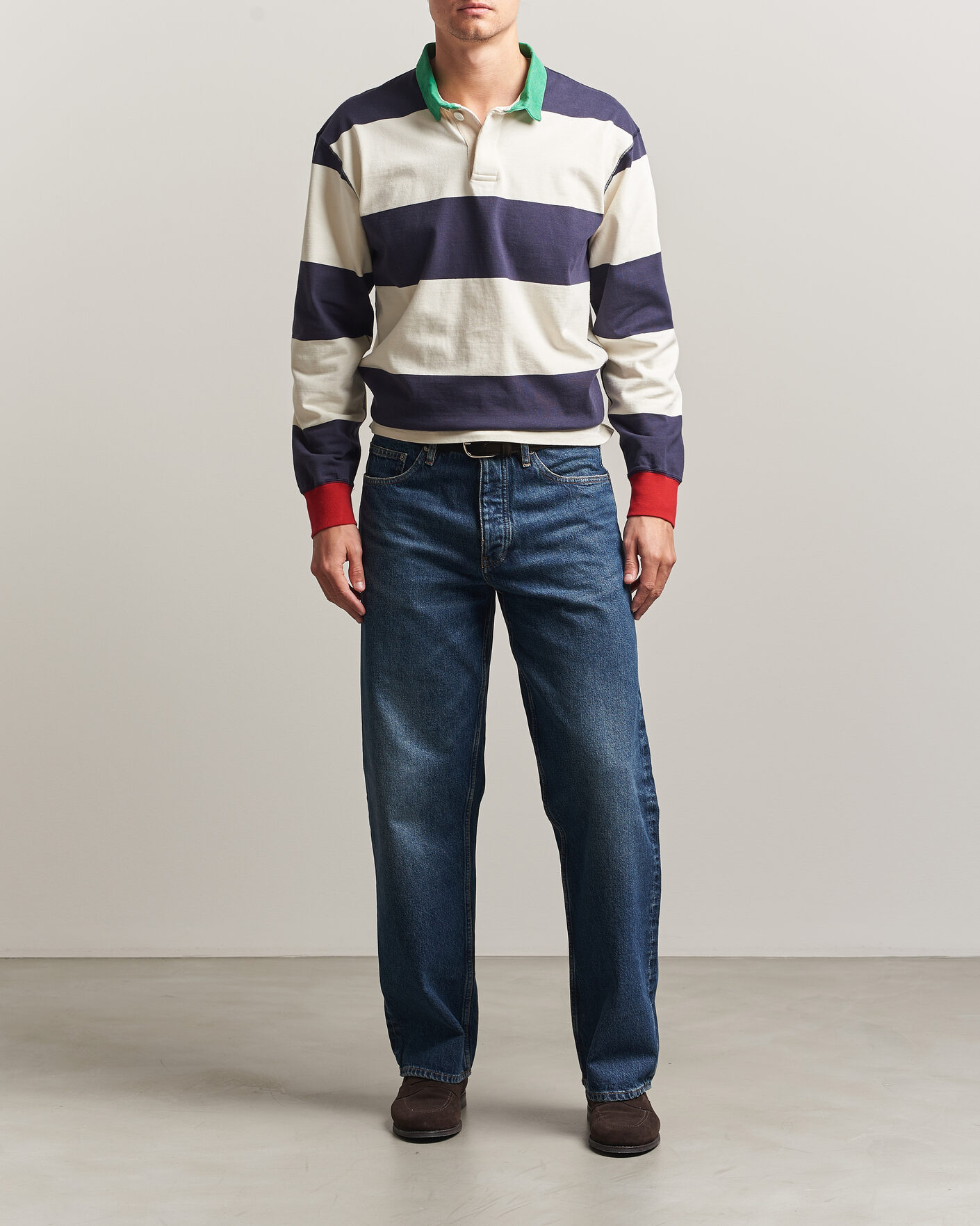 Herr | Tröjor | Drake's | Dual Block Stripe Rugby Whie/Navy