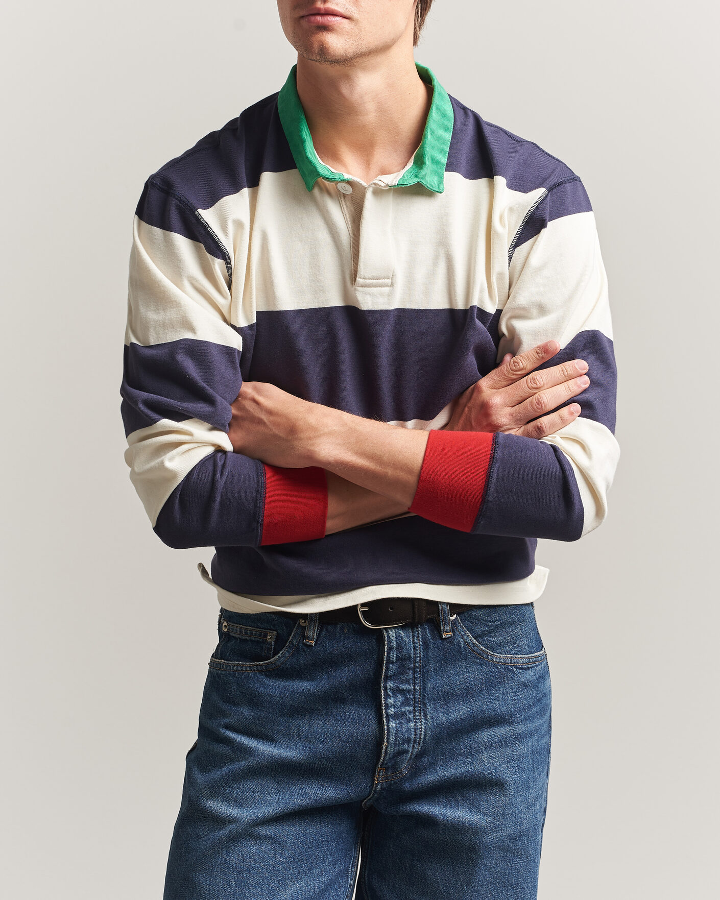 Herr | Tröjor | Drake's | Dual Block Stripe Rugby Whie/Navy