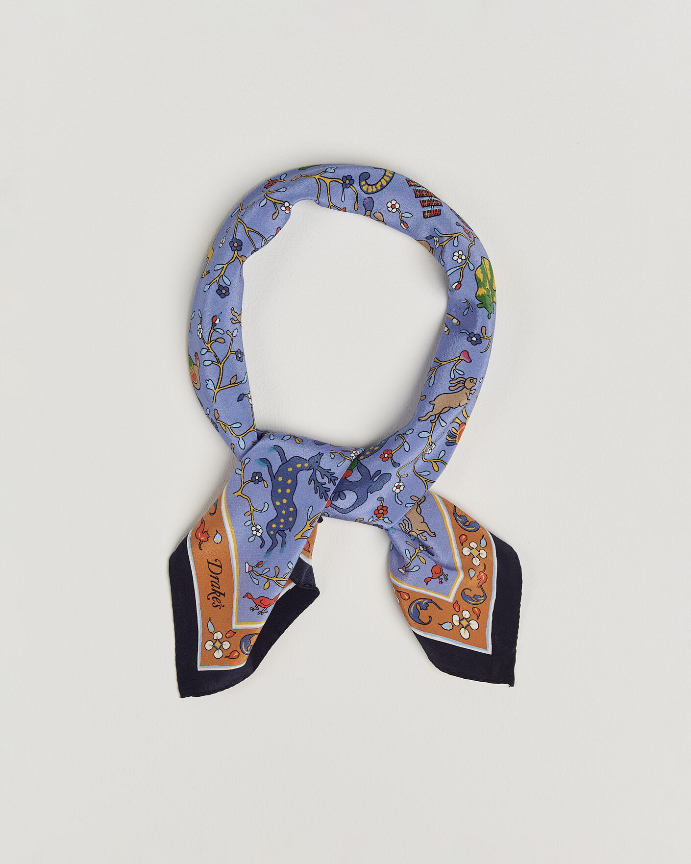 Herr | Scarves | Drake's | Animals And Flowers Print Crepe Silk Bandana Navy