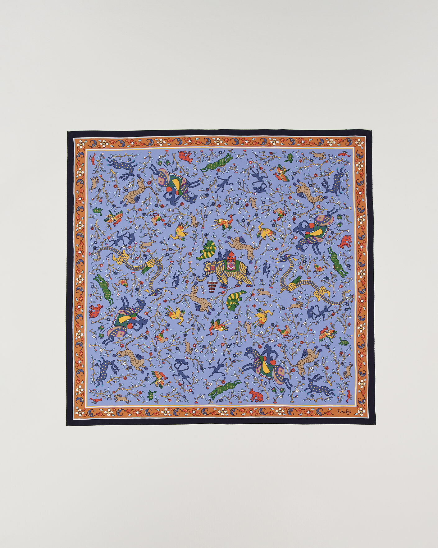 Herr | Scarves | Drake's | Animals And Flowers Print Crepe Silk Bandana Navy