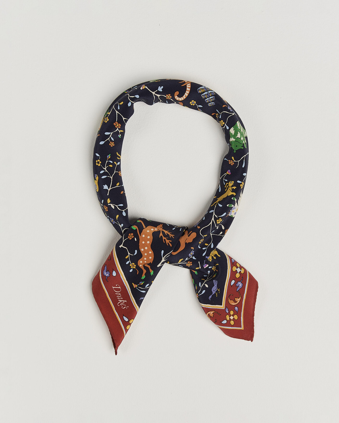 Herr | Scarves | Drake's | Animals And Flowers Print Crepe Silk Bandana Blue