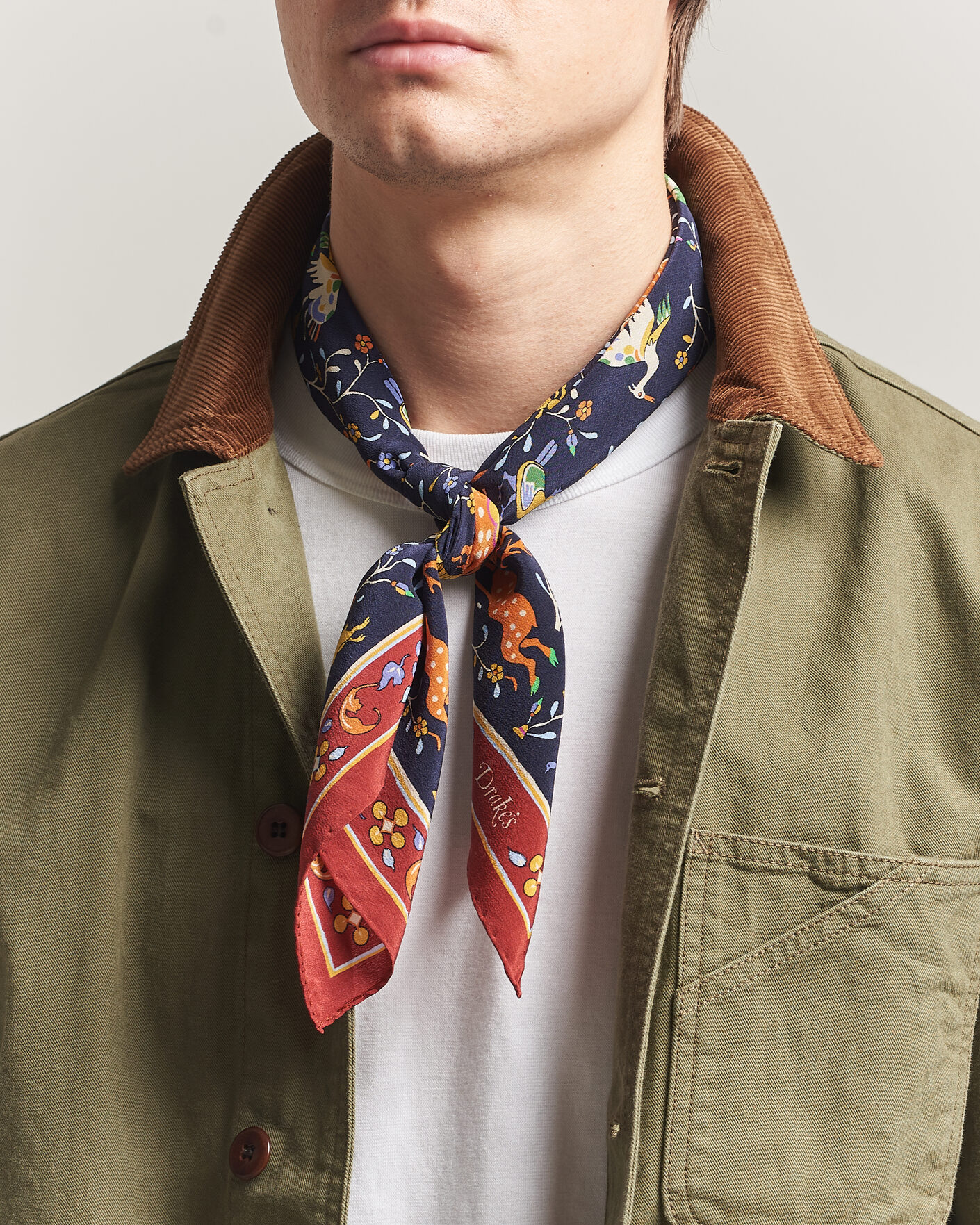 Herr | Scarves | Drake's | Animals And Flowers Print Crepe Silk Bandana Navy