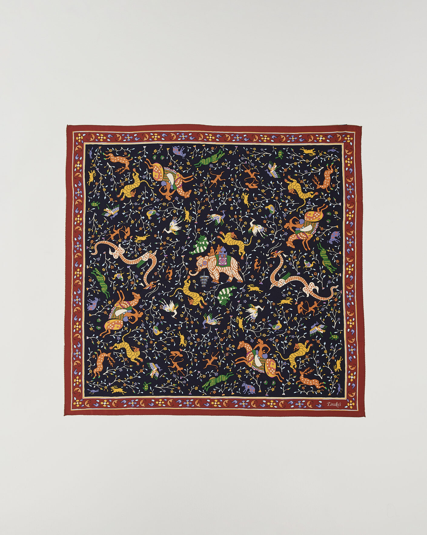 Herr | Scarves | Drake's | Animals And Flowers Print Crepe Silk Bandana Navy