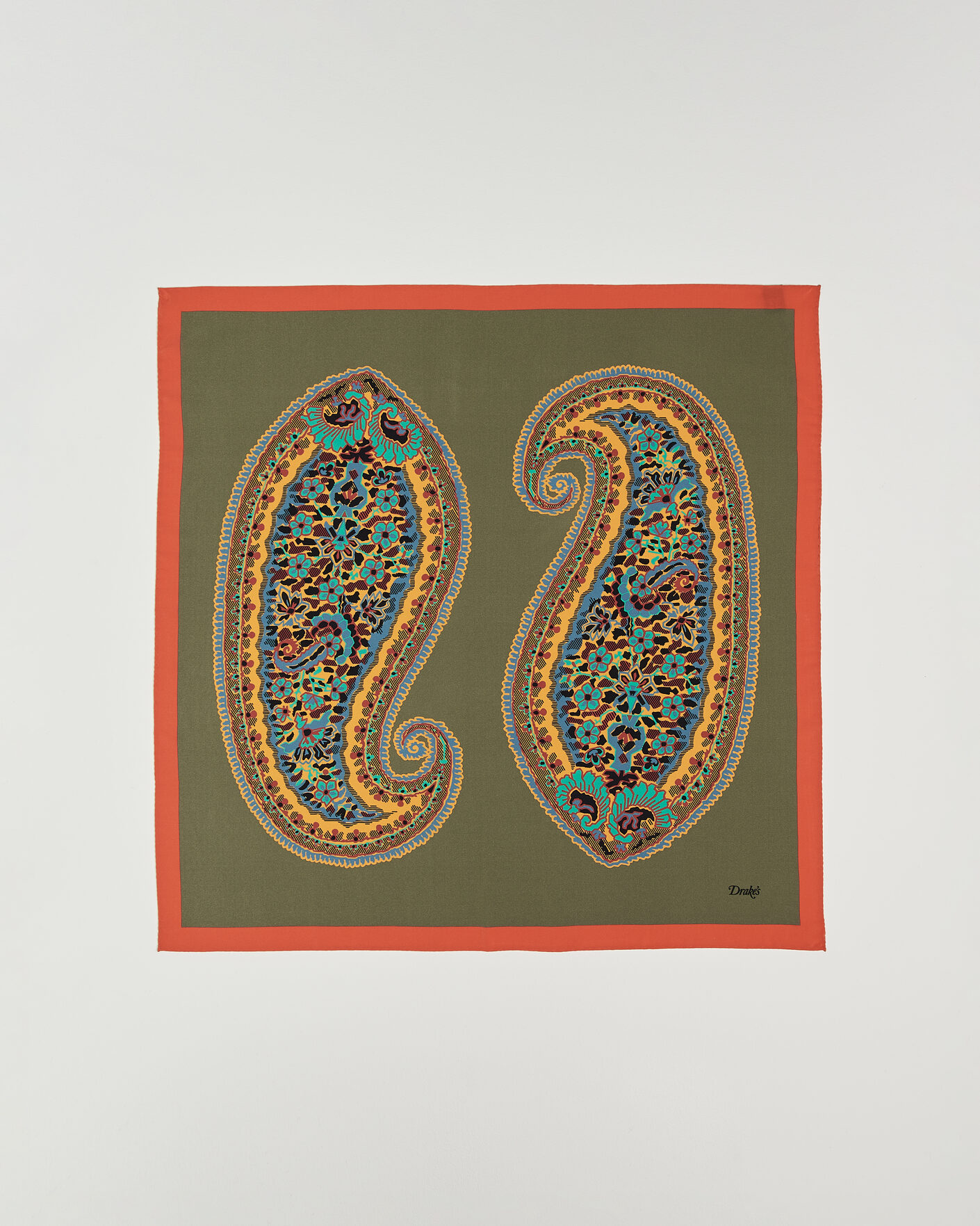 Herr | Scarves | Drake's | Paisley Print Crepe Silk Bandana Olive