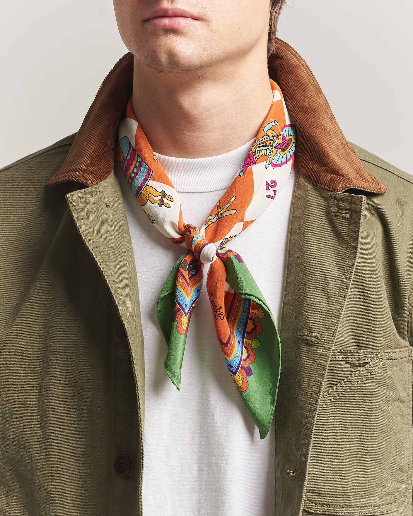 Herr | Scarves | Drake's | Snakes & Ladders Print Crepe Silk Bandana Green