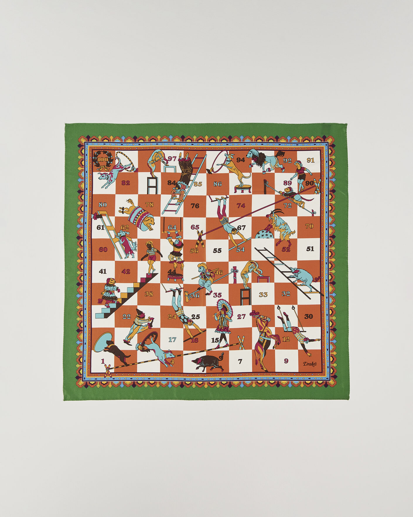 Herr | Scarves | Drake's | Snakes & Ladders Print Crepe Silk Bandana Green