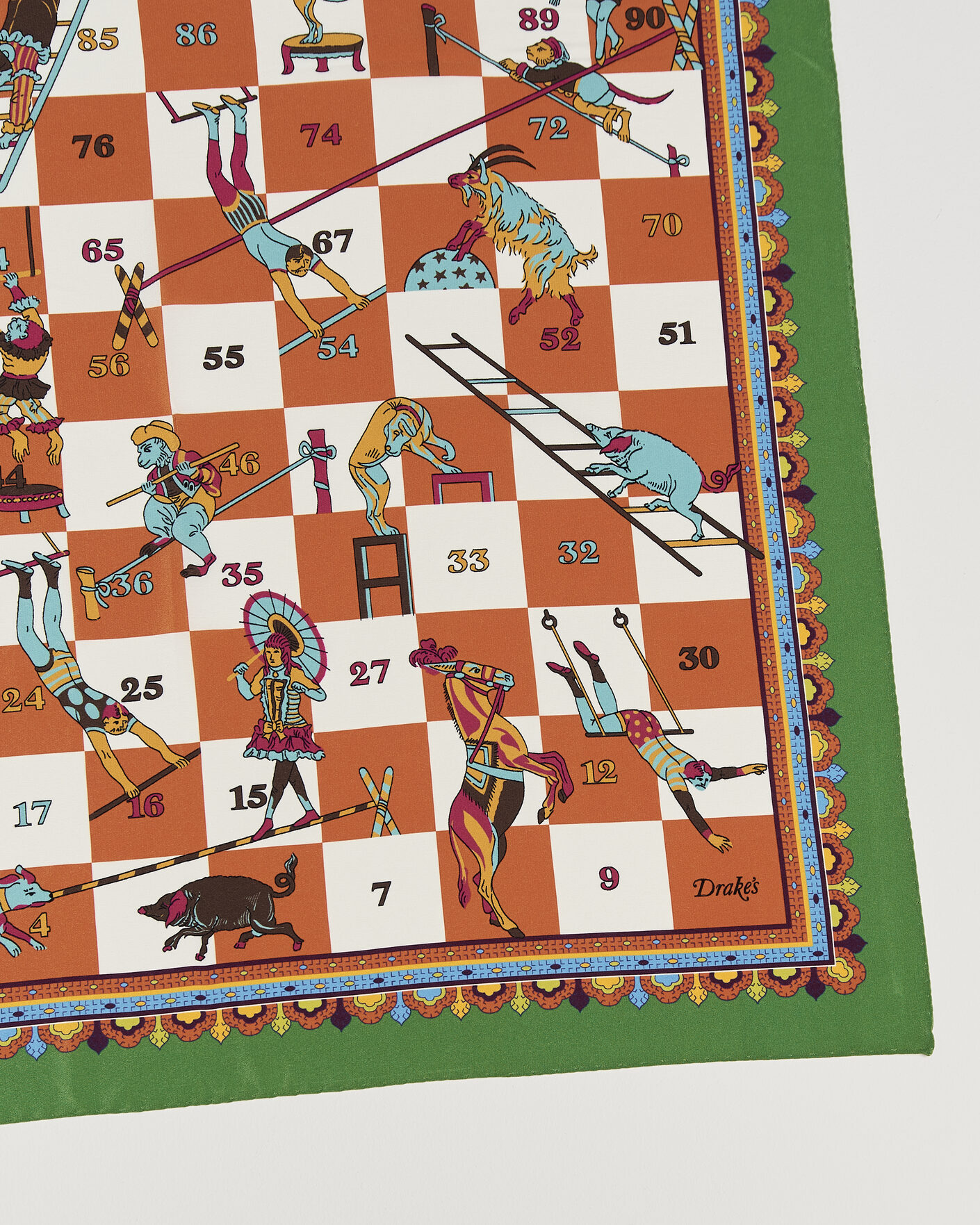 Herr | Scarves | Drake's | Snakes & Ladders Print Crepe Silk Bandana Green