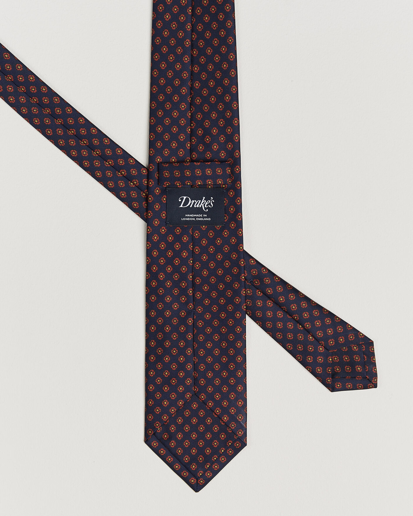 Herr | Slipsar | Drake's | Square Flowers Pattern Silk Tie Navy