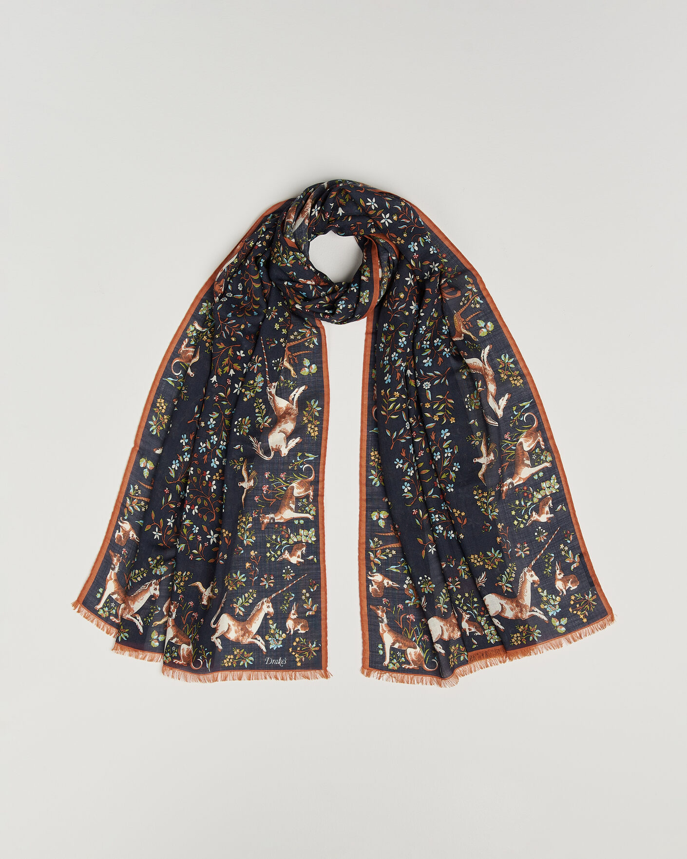 Herr | Scarves | Drake's | Unicorn Garden Wool/Silk Print Scarf Navy