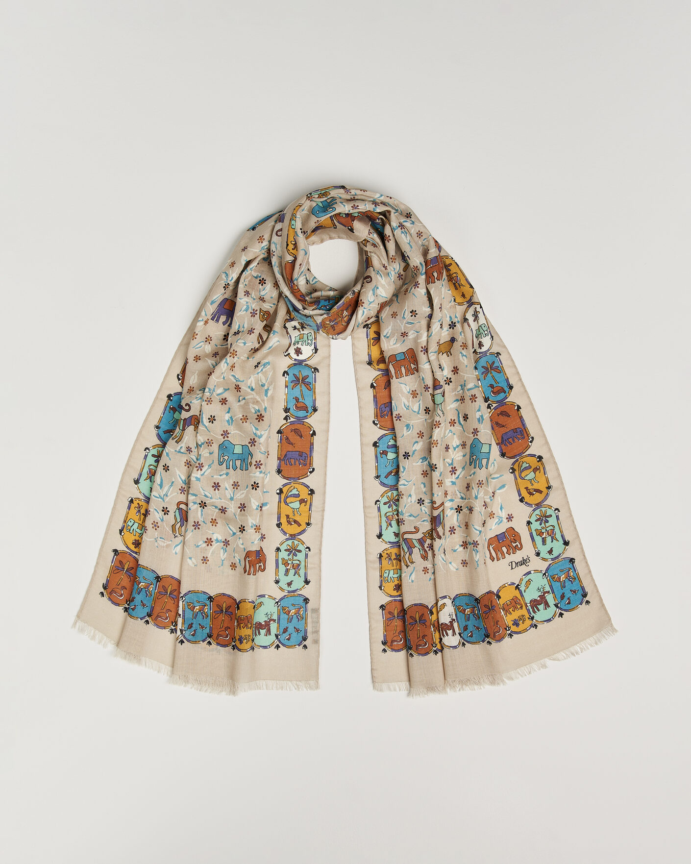 Herr | Drake's Loose Animal Wool/Silk Print Scarf Beige | Drake's | Loose Animal Wool/Silk Print Scarf Beige