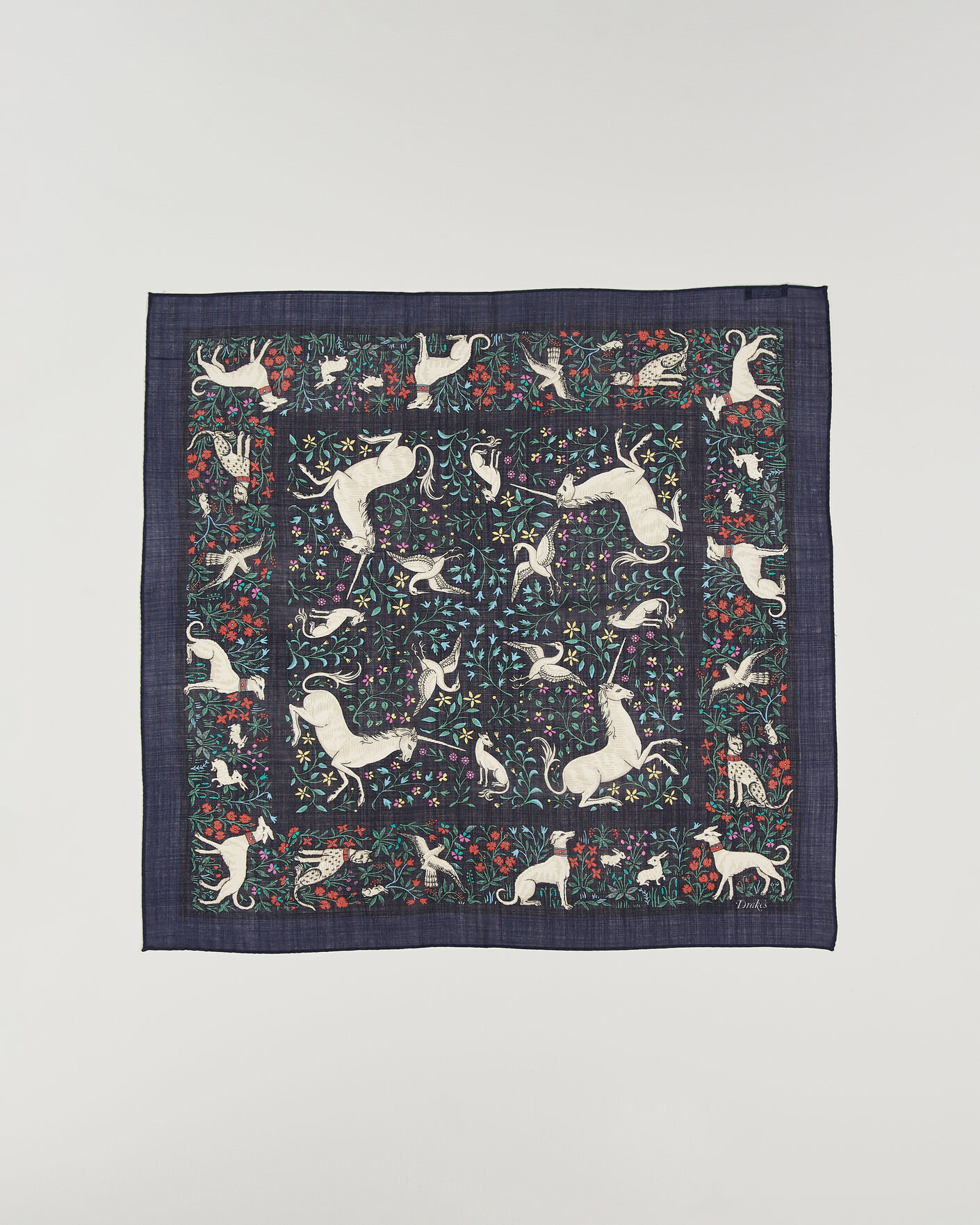 Herr | Scarves | Drake's | Unicorn Print Wool/Silk Bandana Navy