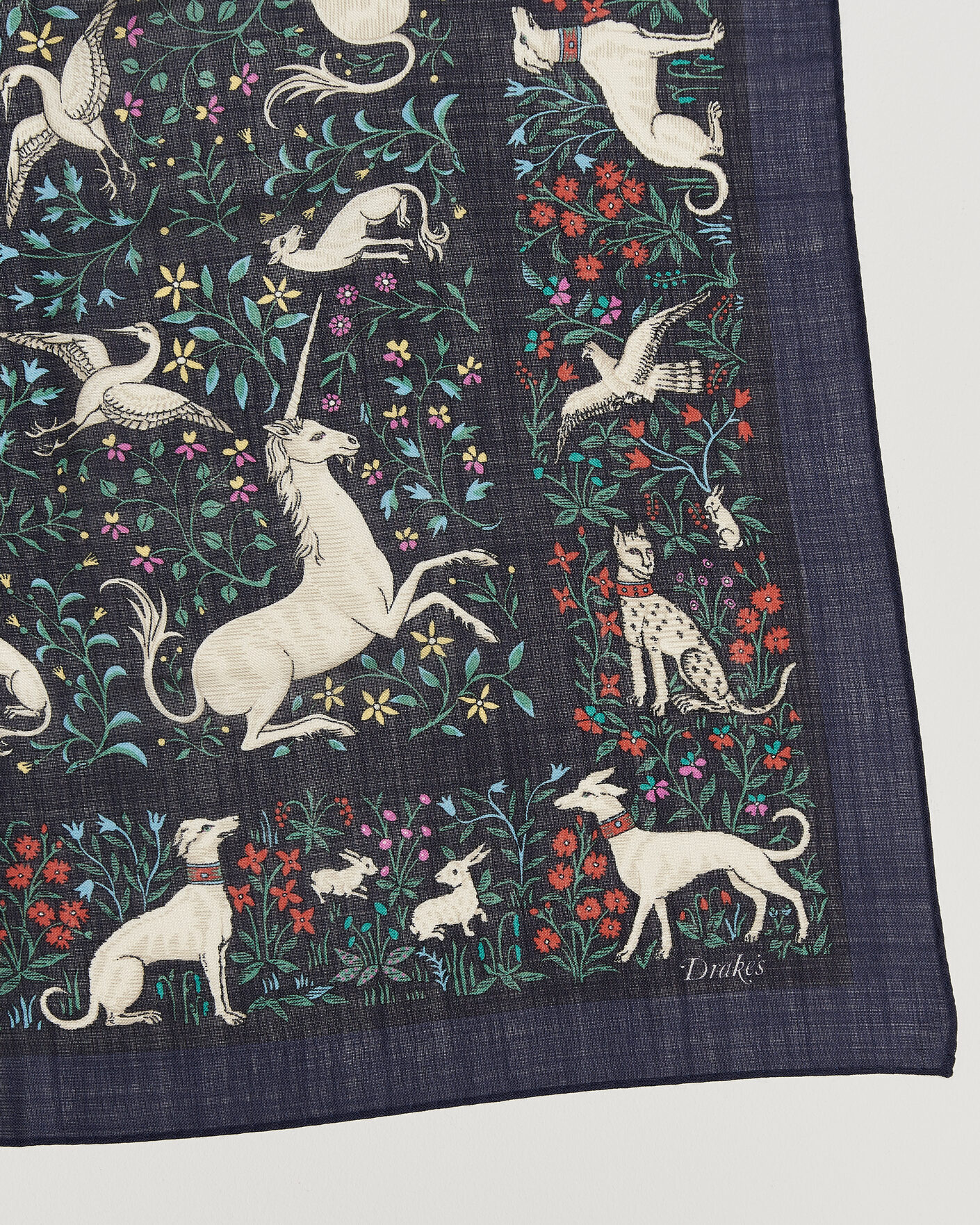Herr | Scarves | Drake's | Unicorn Print Wool/Silk Bandana Navy