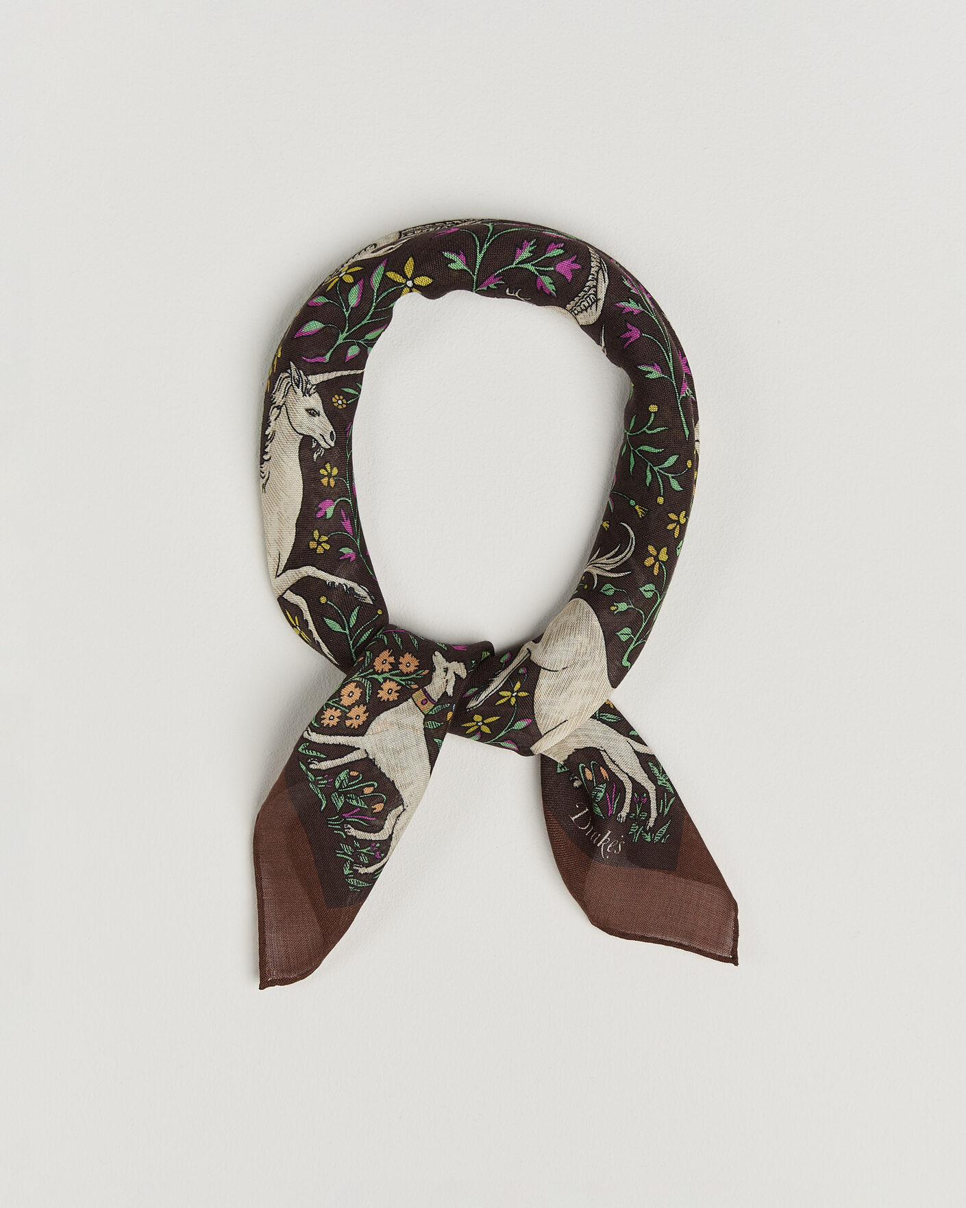 Herr | Scarves | Drake's | Unicorn Print Wool/Silk Bandana Brown