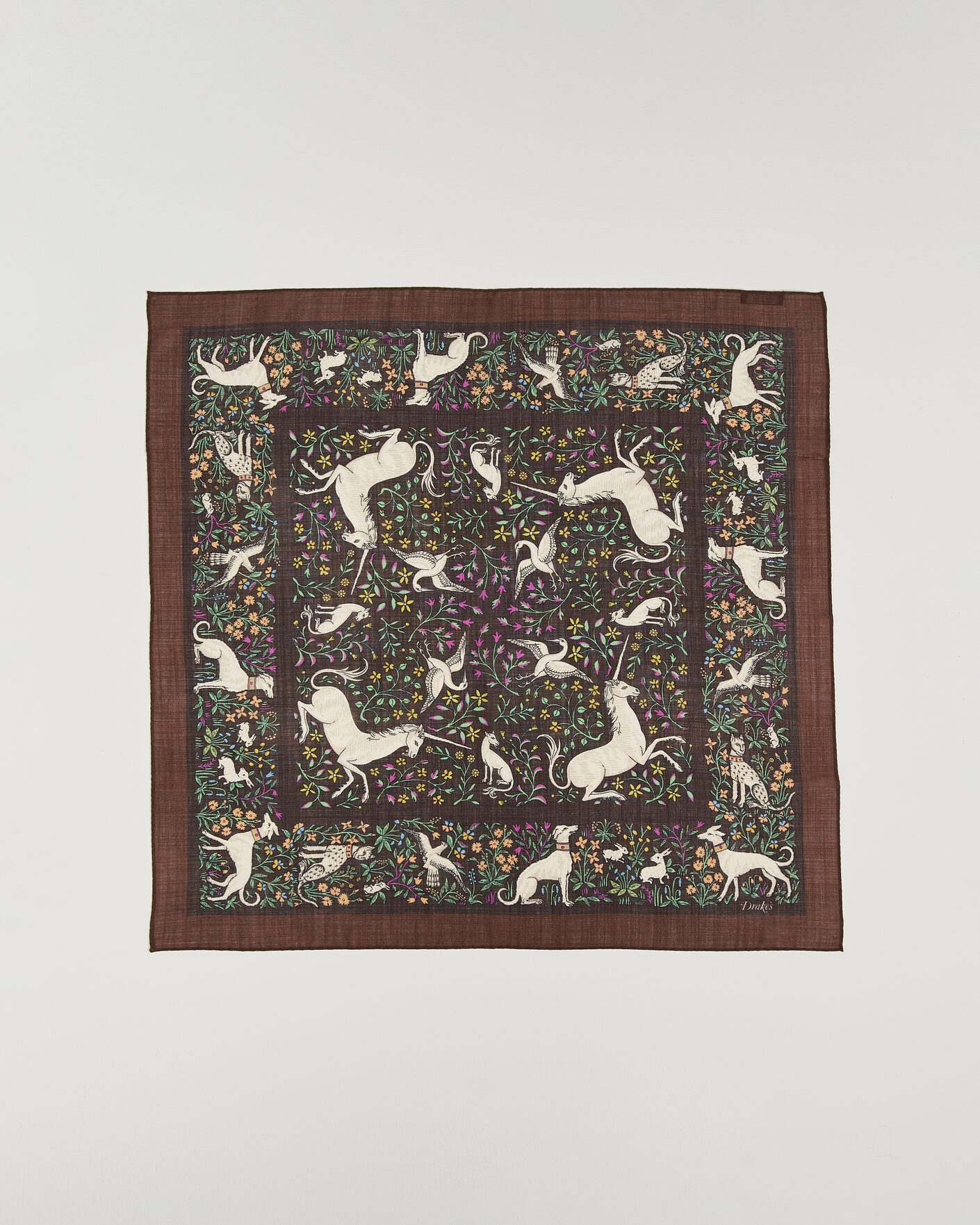 Herr | Scarves | Drake's | Unicorn Print Wool/Silk Bandana Brown