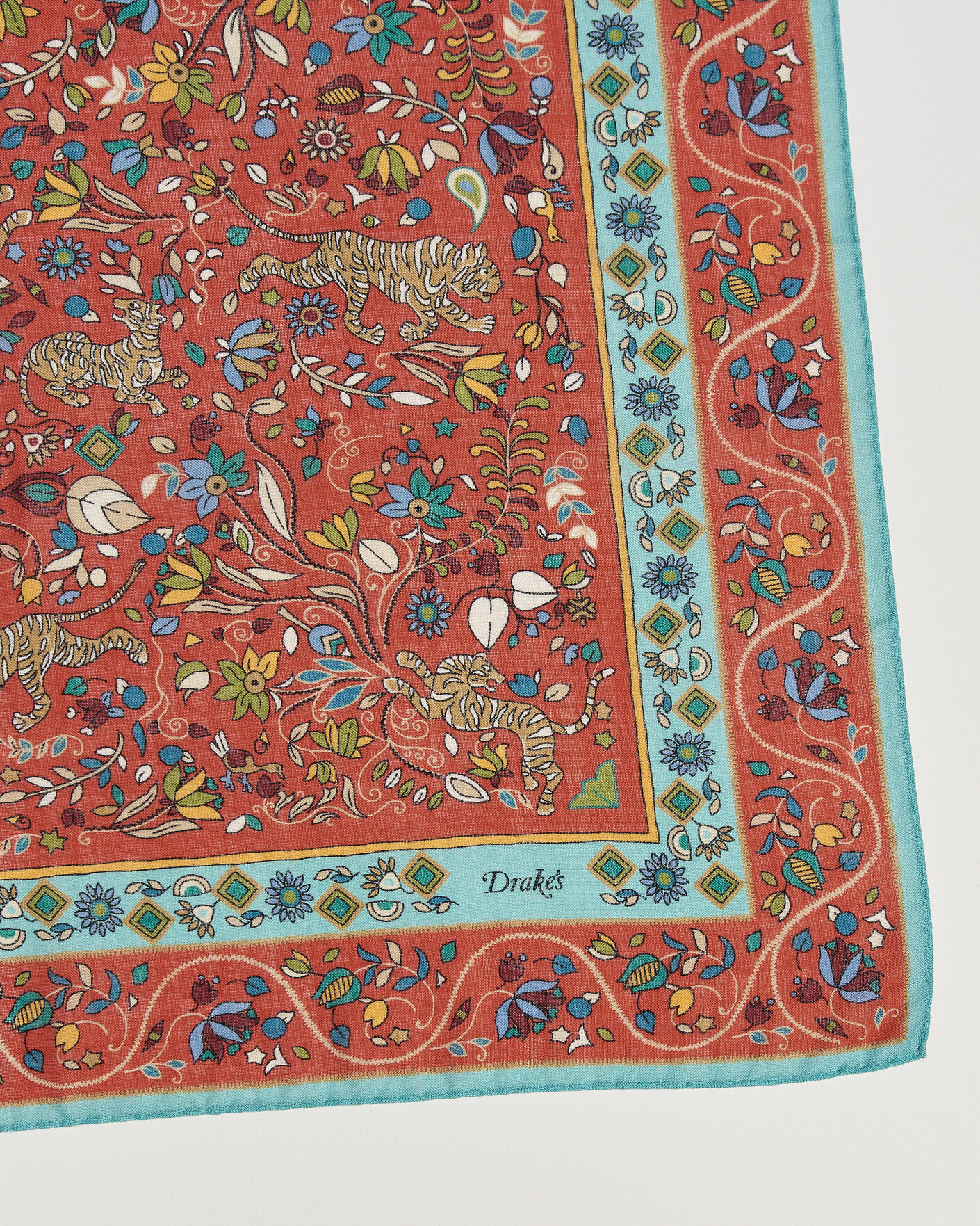 Herr | Scarves | Drake's | Tiger Garden Wool/Silk Bandana Red